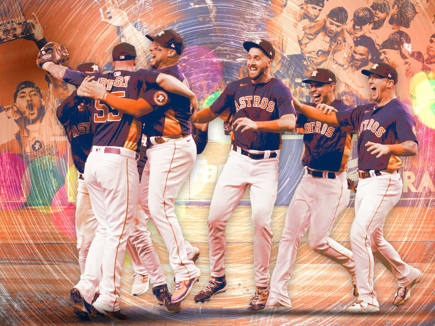 Astros 桌布 壁紙 — 休士頓太空人棒球選手在充滿活力的動作中慶祝，背後有動態漩渦和球迷圖像。