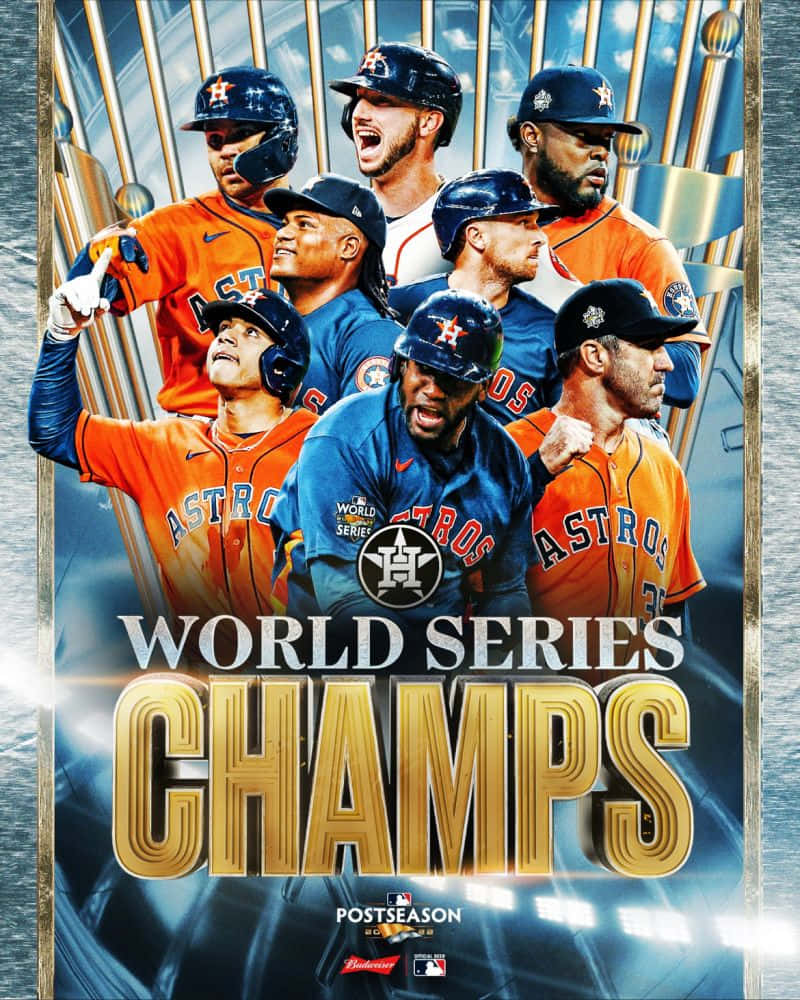 Astros 桌布 壁紙 — 休士頓太空人棒球選手慶祝世界大賽勝利，身後閃耀著冠軍獎盃。