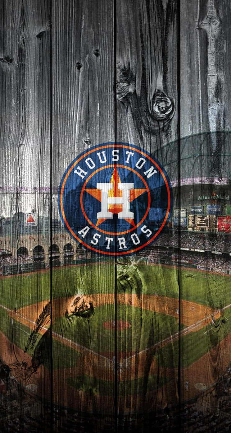 Astros 桌布 壁紙 — 休士頓太空人標誌居中於風化木紋質感上，背景為褪色的棒球場。