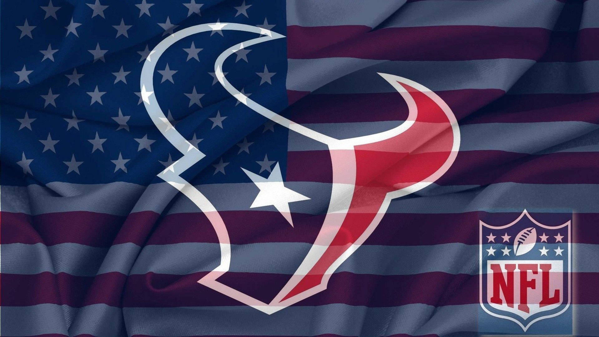 Texans 桌布 壁紙 — 休士頓德州人NFL標誌疊加在飄揚的美國國旗上，帶有星星和條紋。