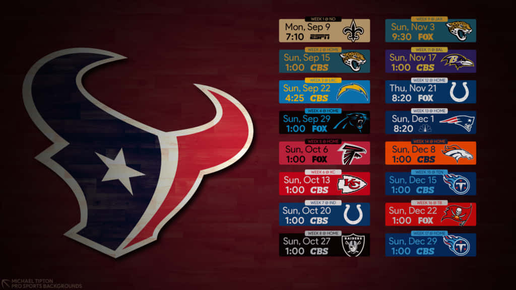 Houston Texans Logo 桌布 壁紙 — 休士頓德州人隊NFL賽程顯示在深色木紋背景上，隊徽突出顯示。