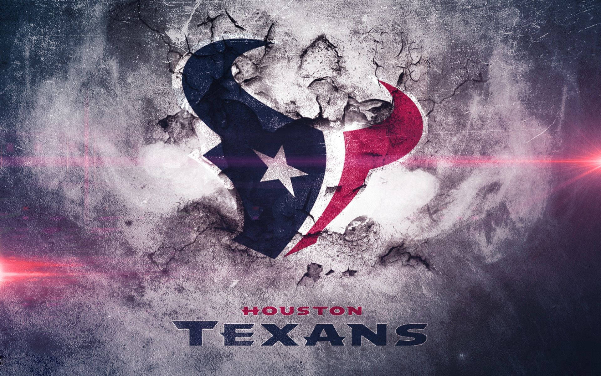 Texans 桌布 壁紙 — 休士頓德州人隊標誌穿過裂開的混凝土，帶有發光的紅色鏡頭光暈，背景是粗糙的城市景觀。