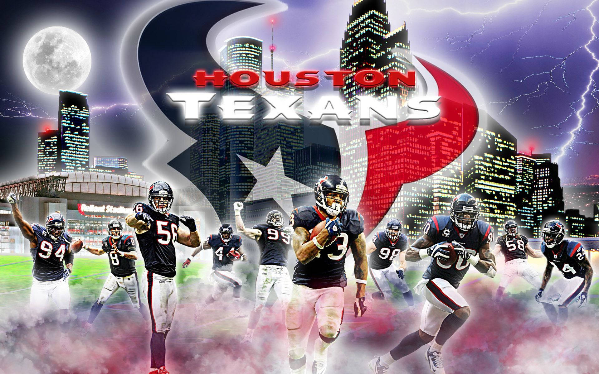 Texans 桌布 壁紙 — 休士頓德州人隊美式足球員在暴風雨的城市天際線、滿月和閃電下行動。