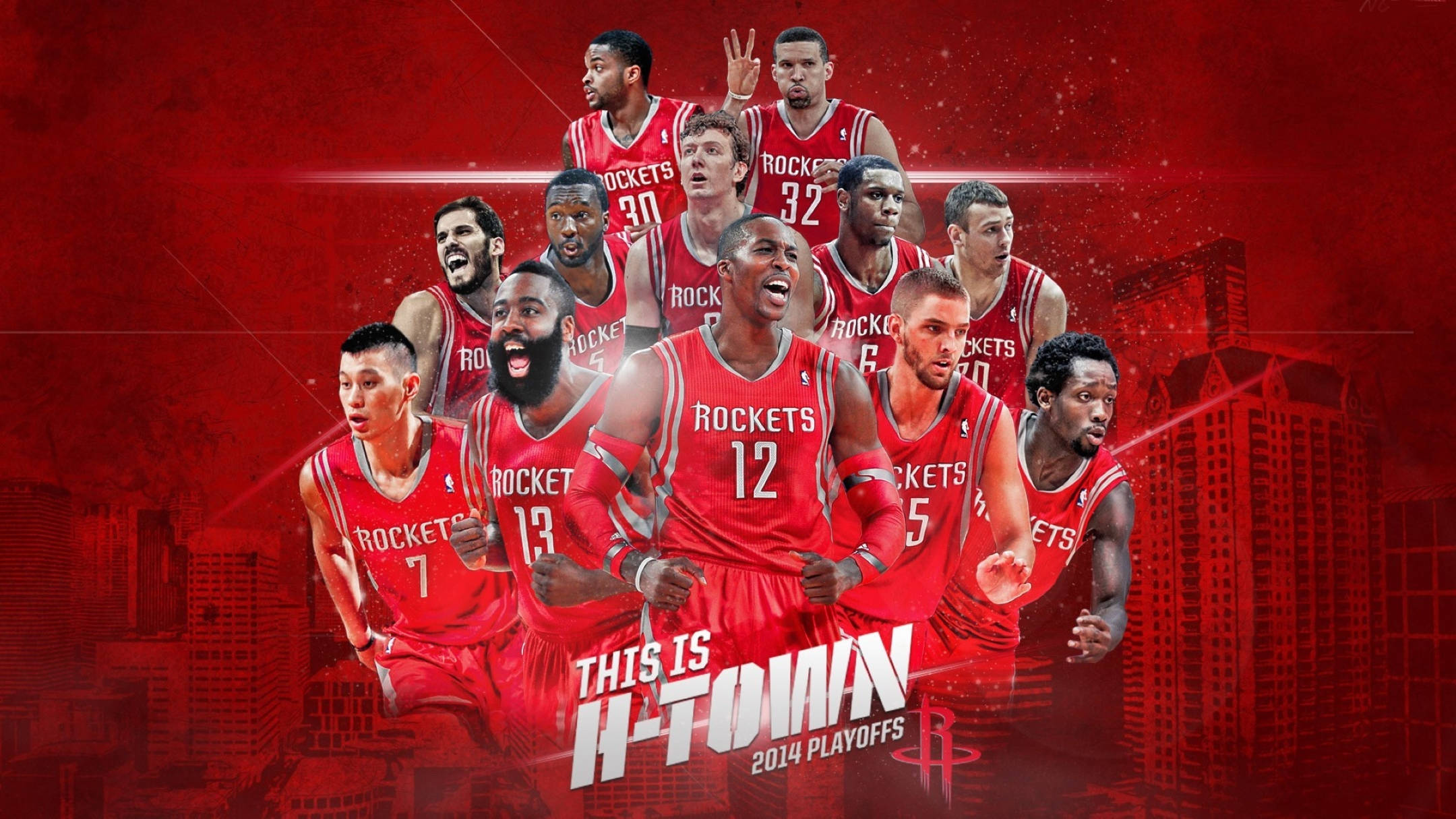 Houston Rockets 桌布 壁紙 — 休士頓火箭籃球隊身穿紅色球衣，在帶有紅色調的城市天際線背景下動態擺姿勢，並帶有「THIS IS H-TOWN」文字。