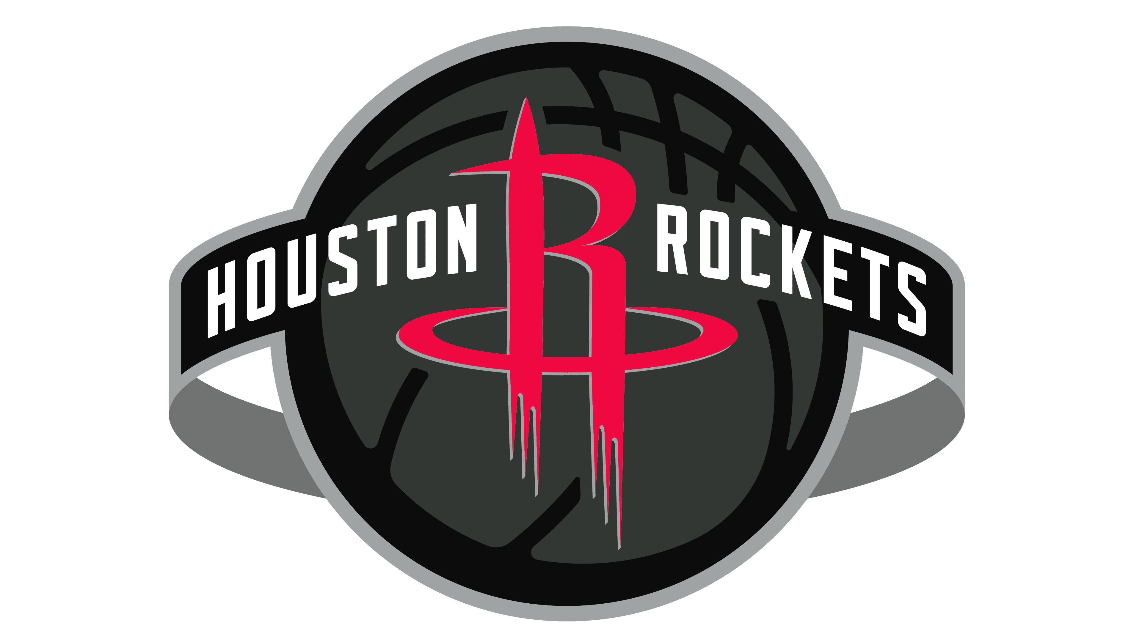 Houston Rockets 桌布 壁紙 — 休士頓火箭隊標誌，特色為一個紅色風格化火箭在黑色籃球上方，灰色緞帶上有白色文字。