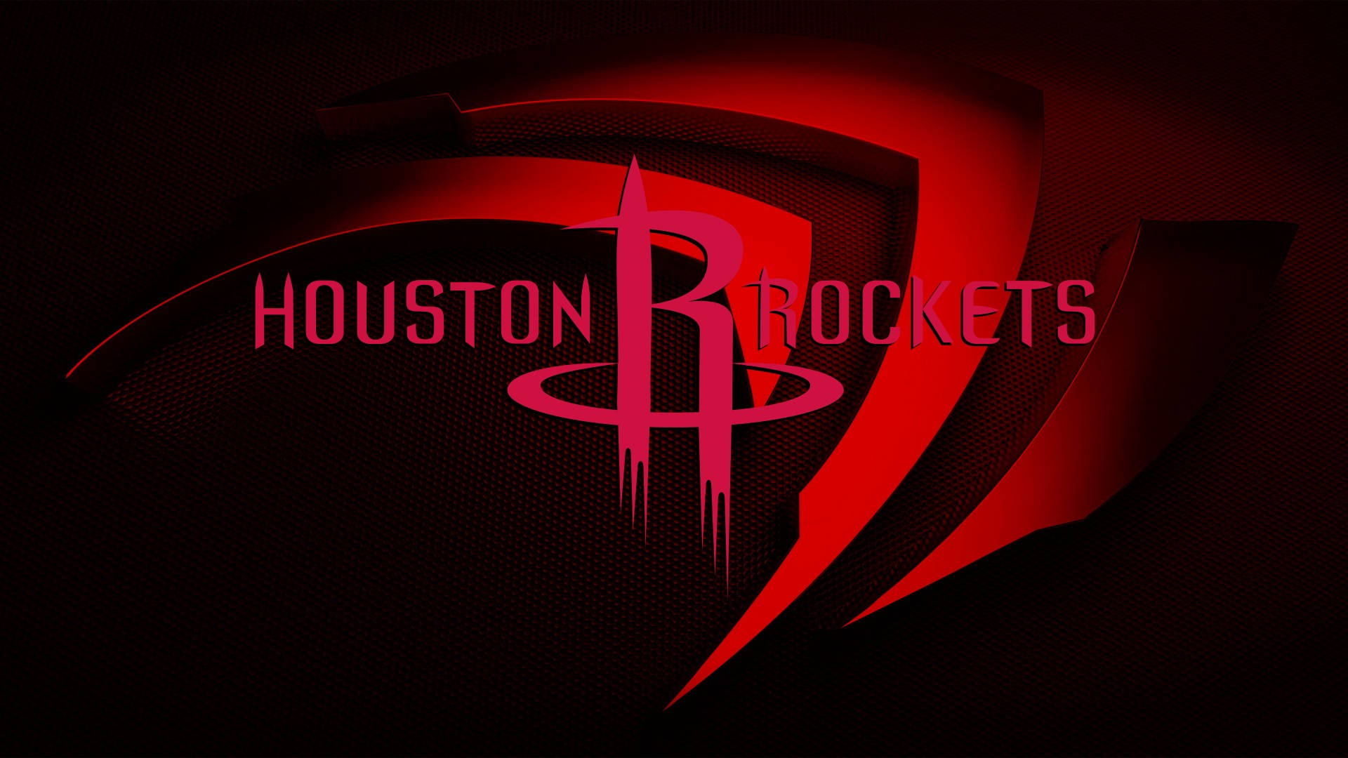 Houston Rockets 桌布 壁紙 — 休士頓火箭隊標誌以鮮紅色呈現，置於深色紋理背景上，搭配動感棱角形狀。