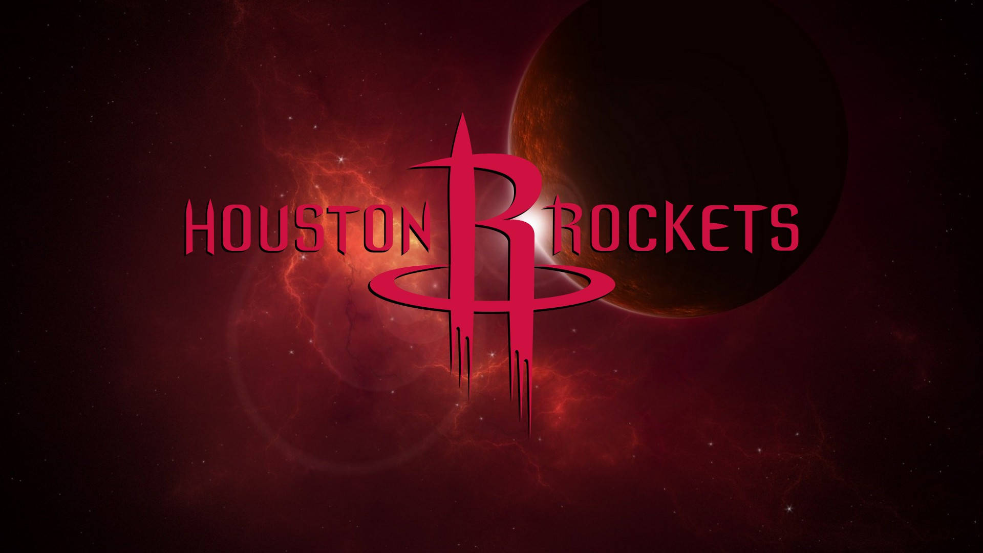 Houston Rockets 桌布 壁紙 — 休士頓火箭隊標誌在宇宙星雲背景上發出鮮紅色光芒，並有一顆黑暗行星。