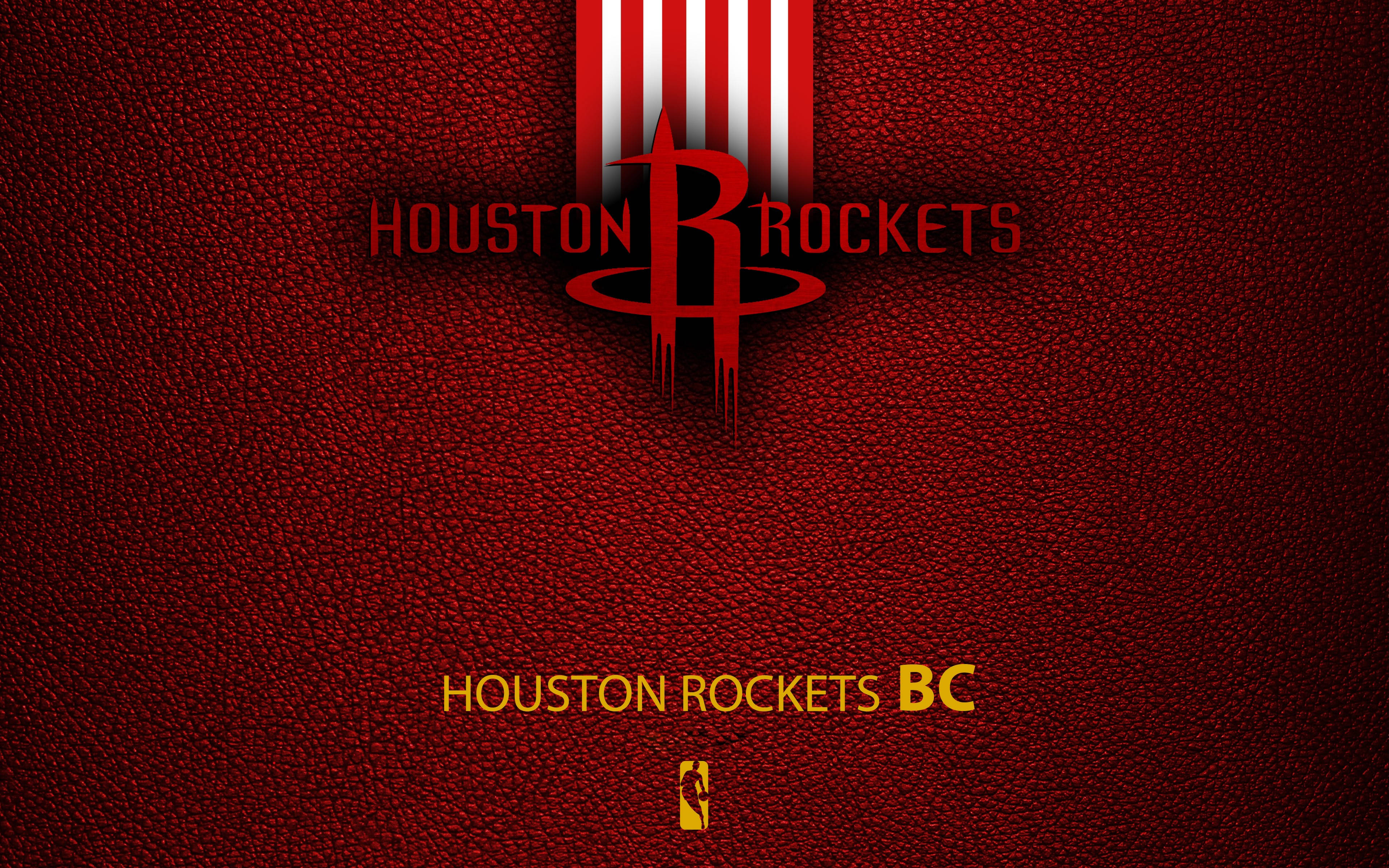 Houston Rockets 桌布 壁紙 — 休士頓火箭隊的紅白標誌在帶有紋理的深紅色皮革背景上突出顯示，下方有球隊名稱和NBA標誌。