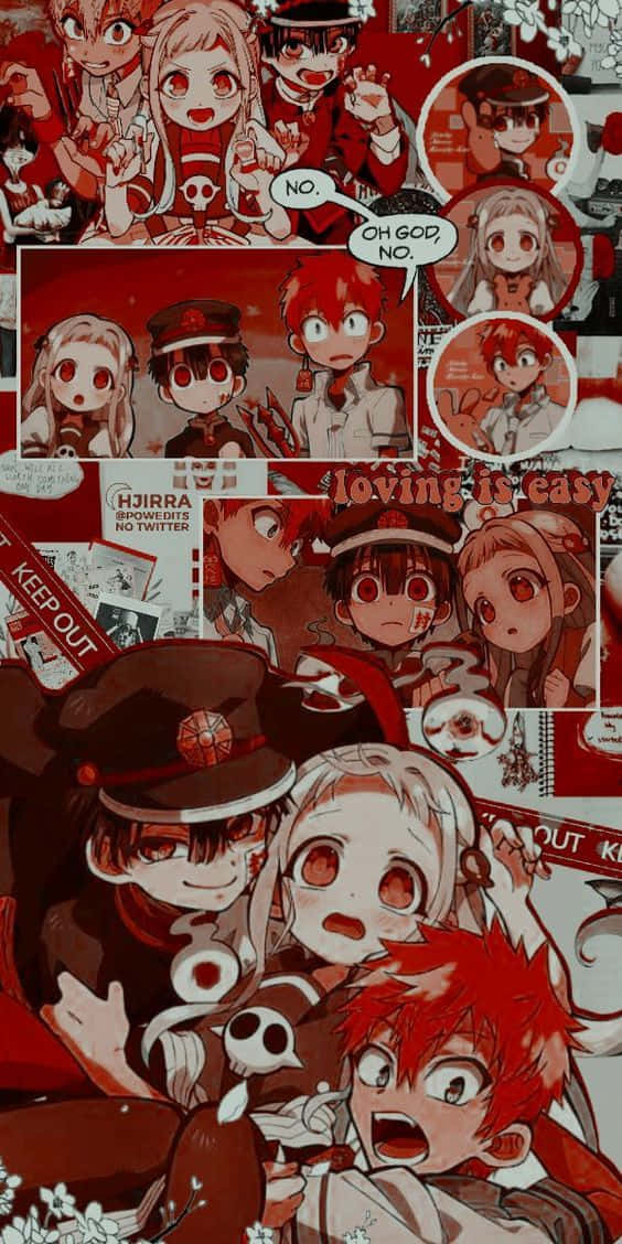 众多角色与红色背景的漫画 壁紙