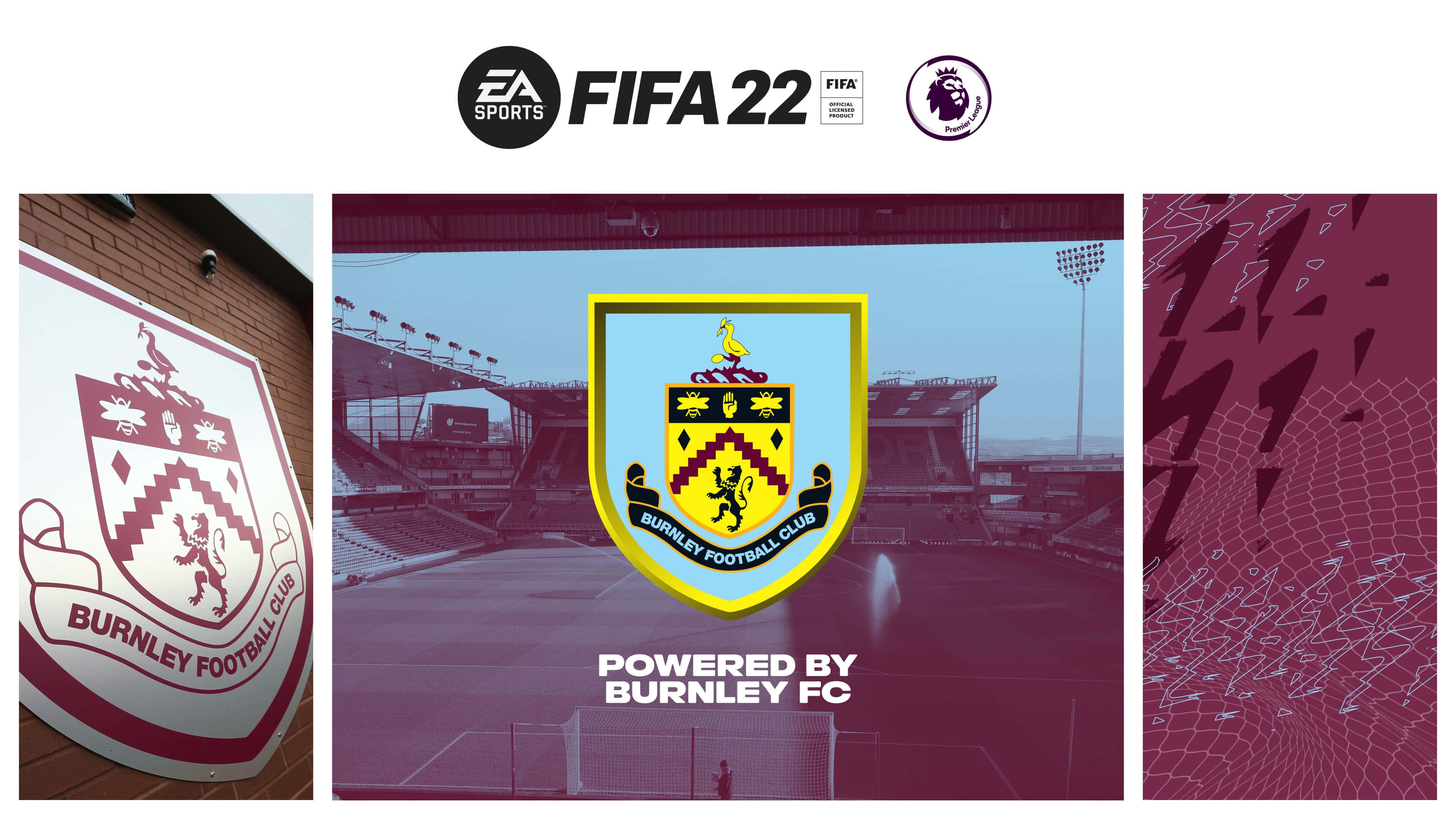 Burnley Fc 桌布 壁紙 — 伯恩利足球俱樂部徽章展示在球場牆壁和數位橫幅上，採用栗色和黃色色調。