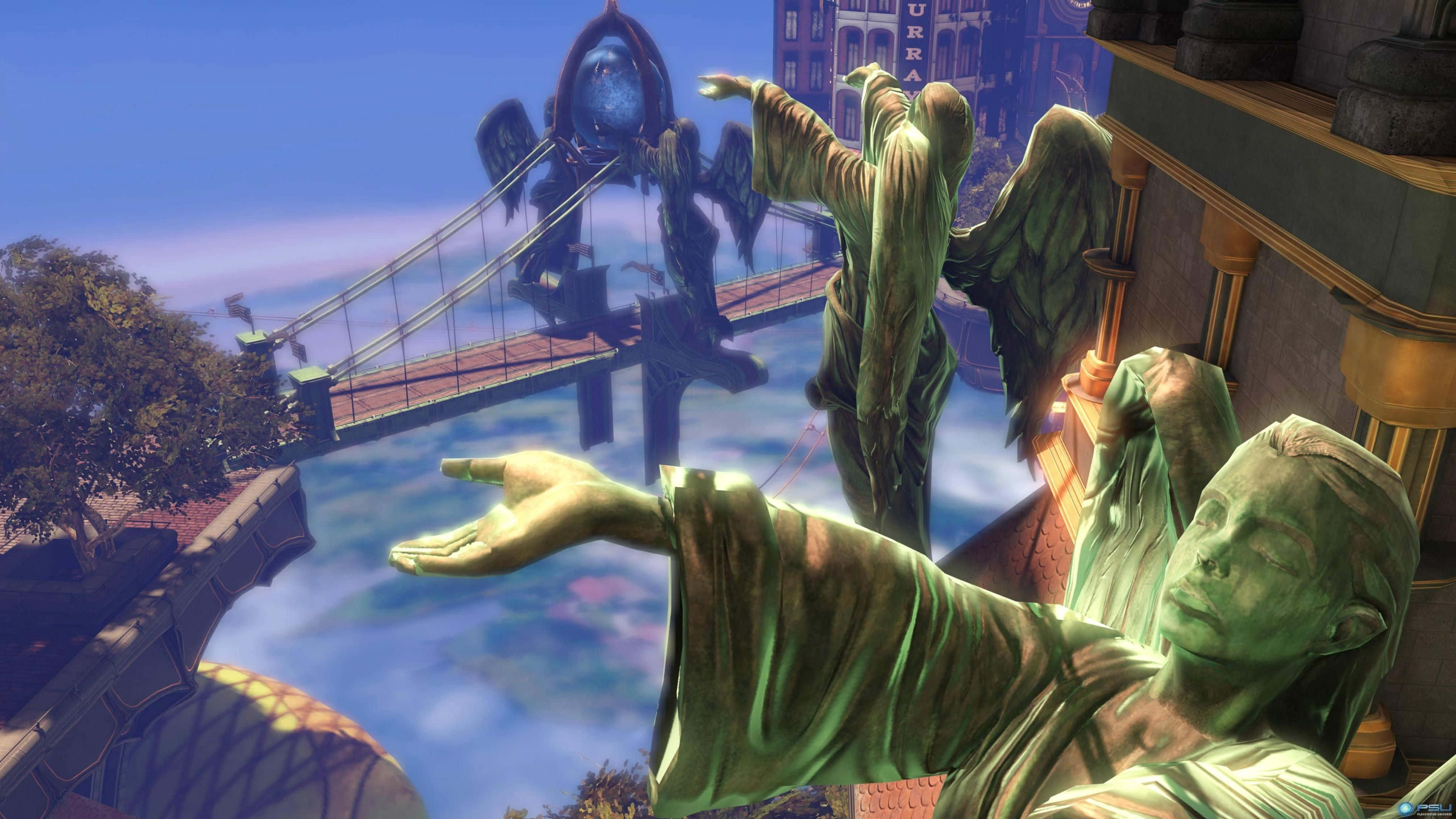 Best Bioshock Infinite 桌布 壁紙 — 伸出雙臂的綠色雕像俯瞰著浮橋和城市景觀，背景是晴朗的藍天。