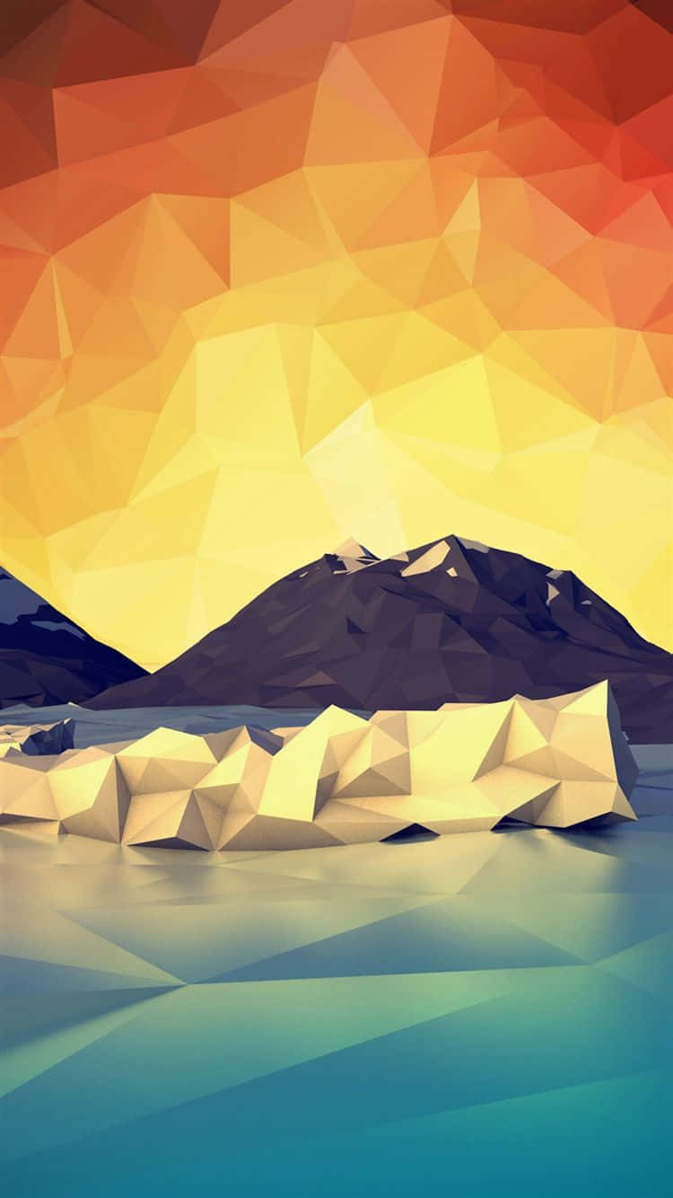 Yellow Geometric 桌布 壁紙 — 低多邊形山脈在平靜的水面上倒映，天空呈現鮮豔的日落色彩，帶有幾何形狀。