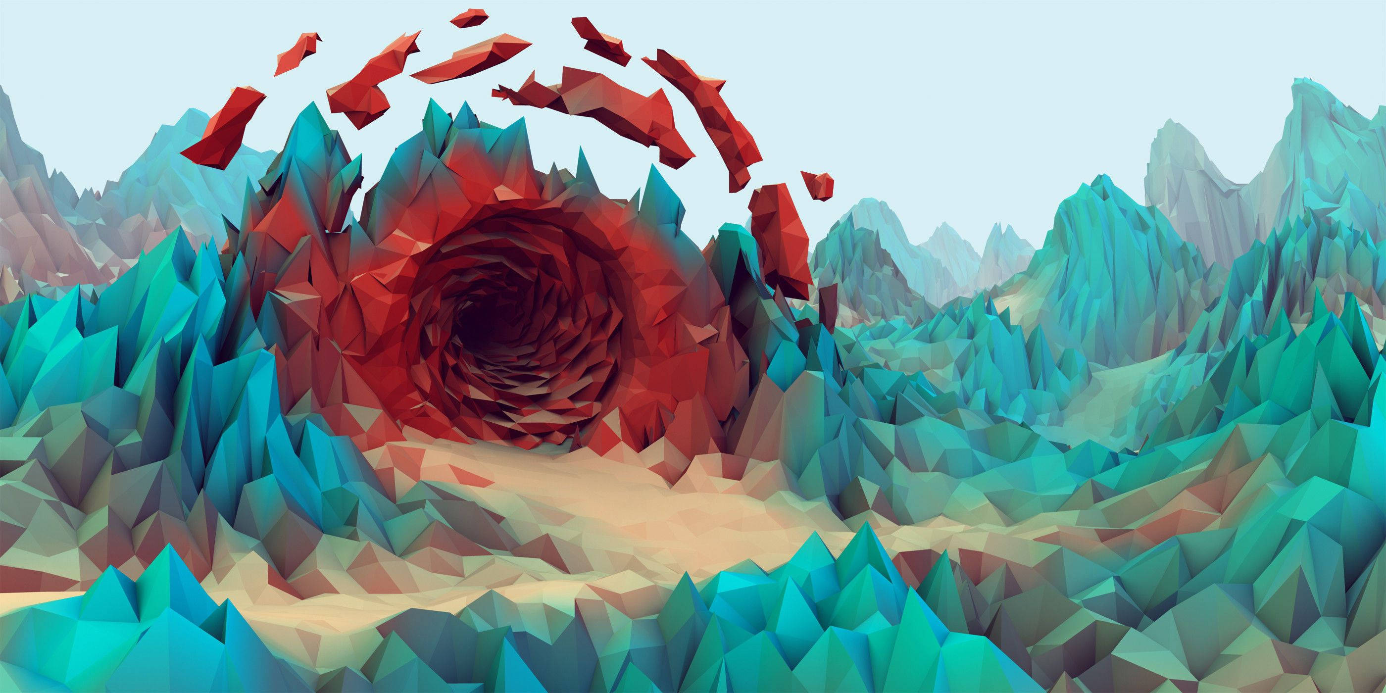 Polygon 桌布 壁紙 — 低多邊形數位風景，山區地形中有一個旋轉的紅色漩渦，帶有藍綠色和沙色調。