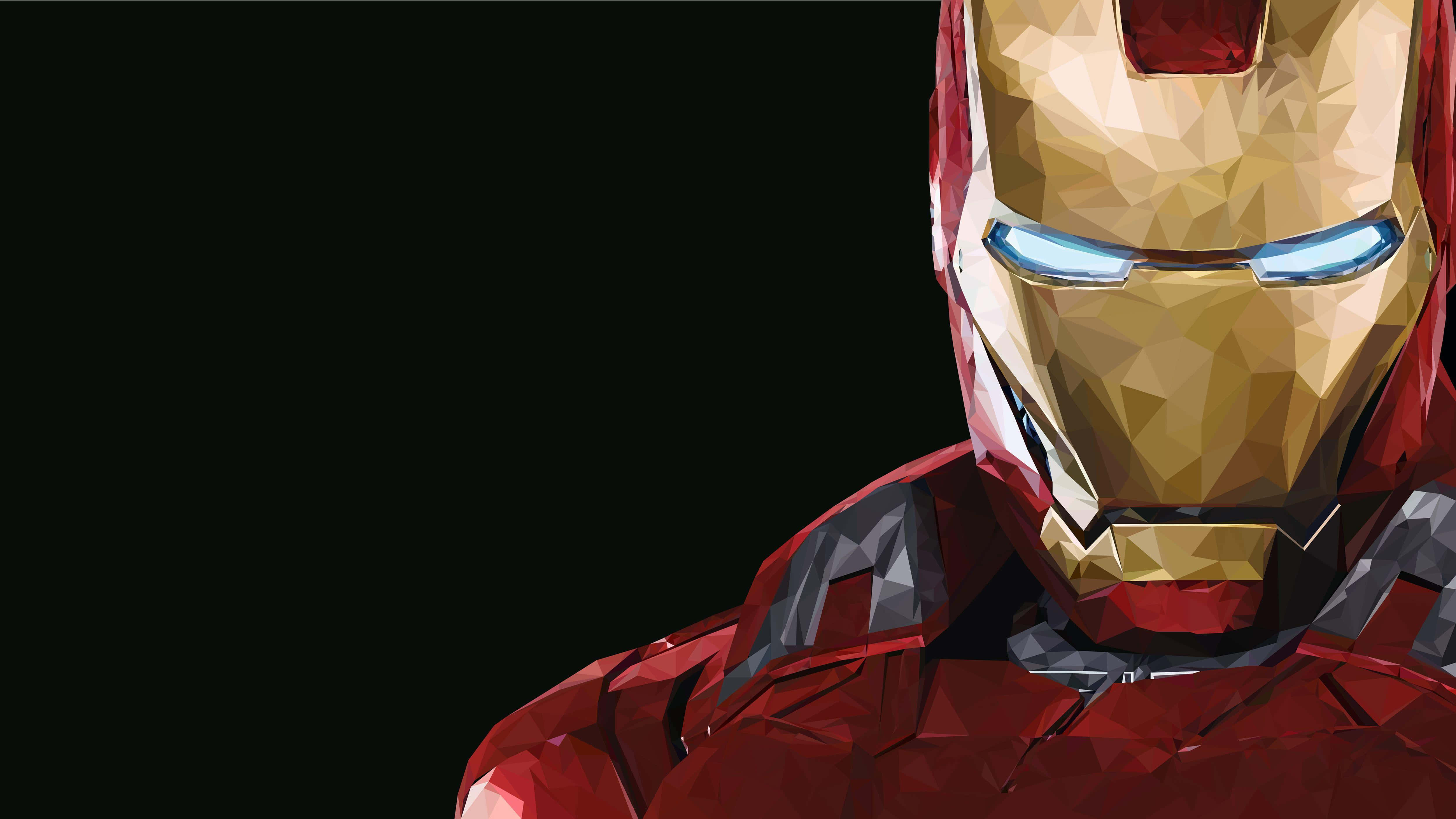 Best Iron Man 桌布 壁紙 — 低多邊形風格的鋼鐵人，藍色眼睛發光，背景為純黑色。