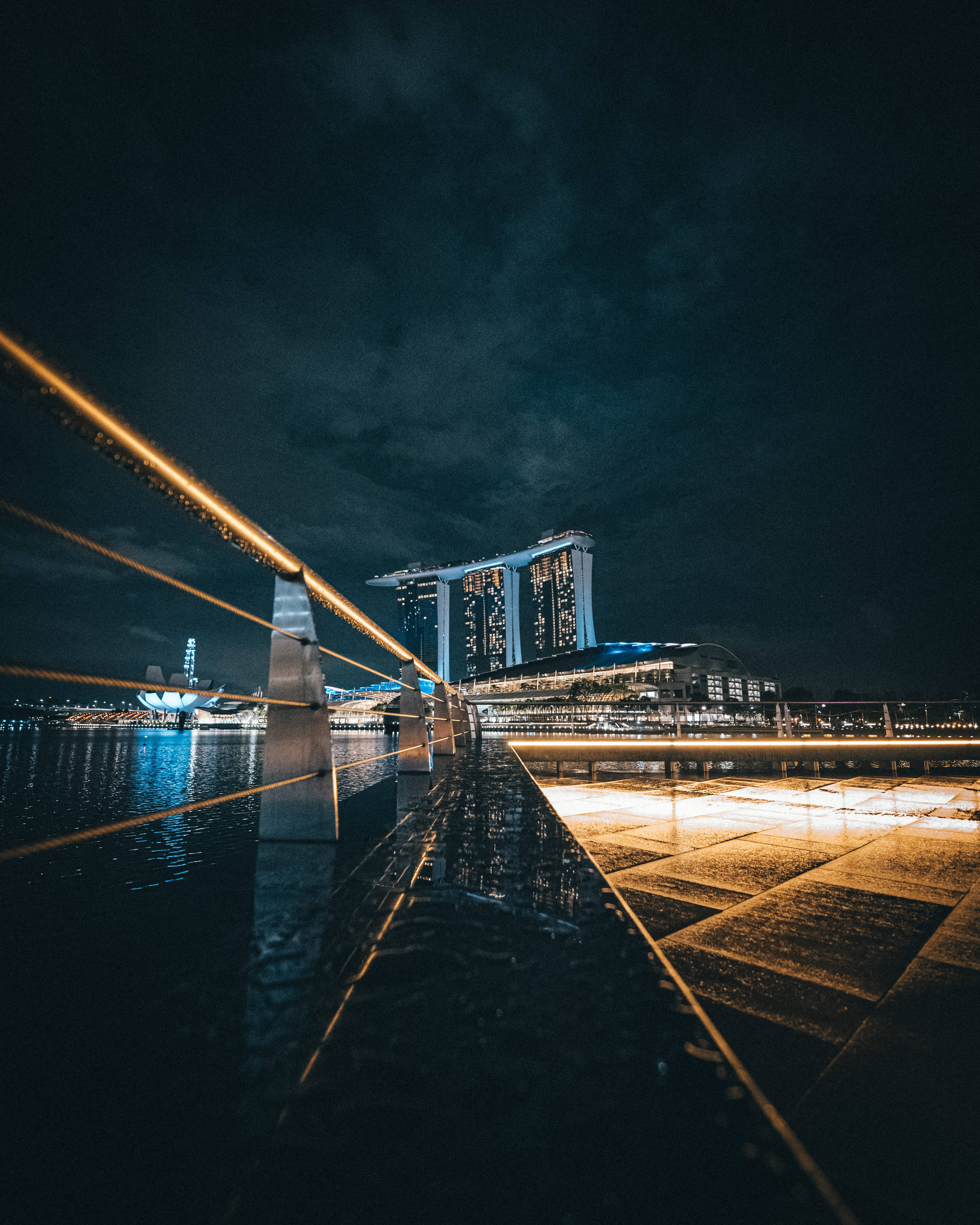 night night 桌布 壁紙 — 低角度夜攝，濕漉漉的海濱長廊，發光的欄杆通向燈火通明的濱海灣金沙和城市天際線，天空陰暗多雲。