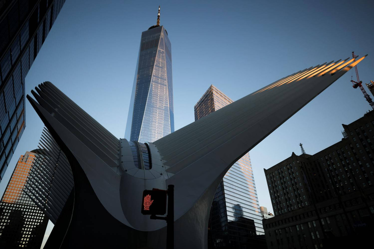 Silhouette 桌布 壁紙 — 低角度拍攝Oculus交通樞紐，背後係One World Trade Center喺晴朗藍天下高聳入雲。