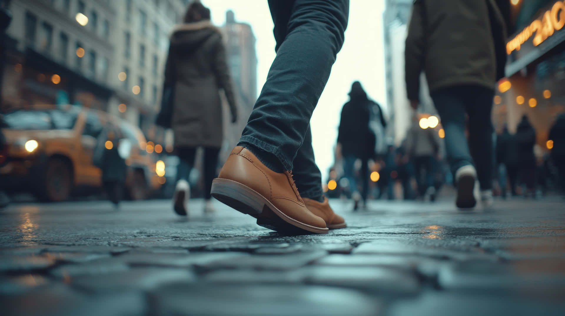 Urban city street scene with pedestrians walking on a rainy day 壁紙 — 低角度拍攝一個人的棕褐色皮鞋踩在濕漉漉的鵝卵石街道上，繁忙的城市中有模糊的行人和黃色的士。