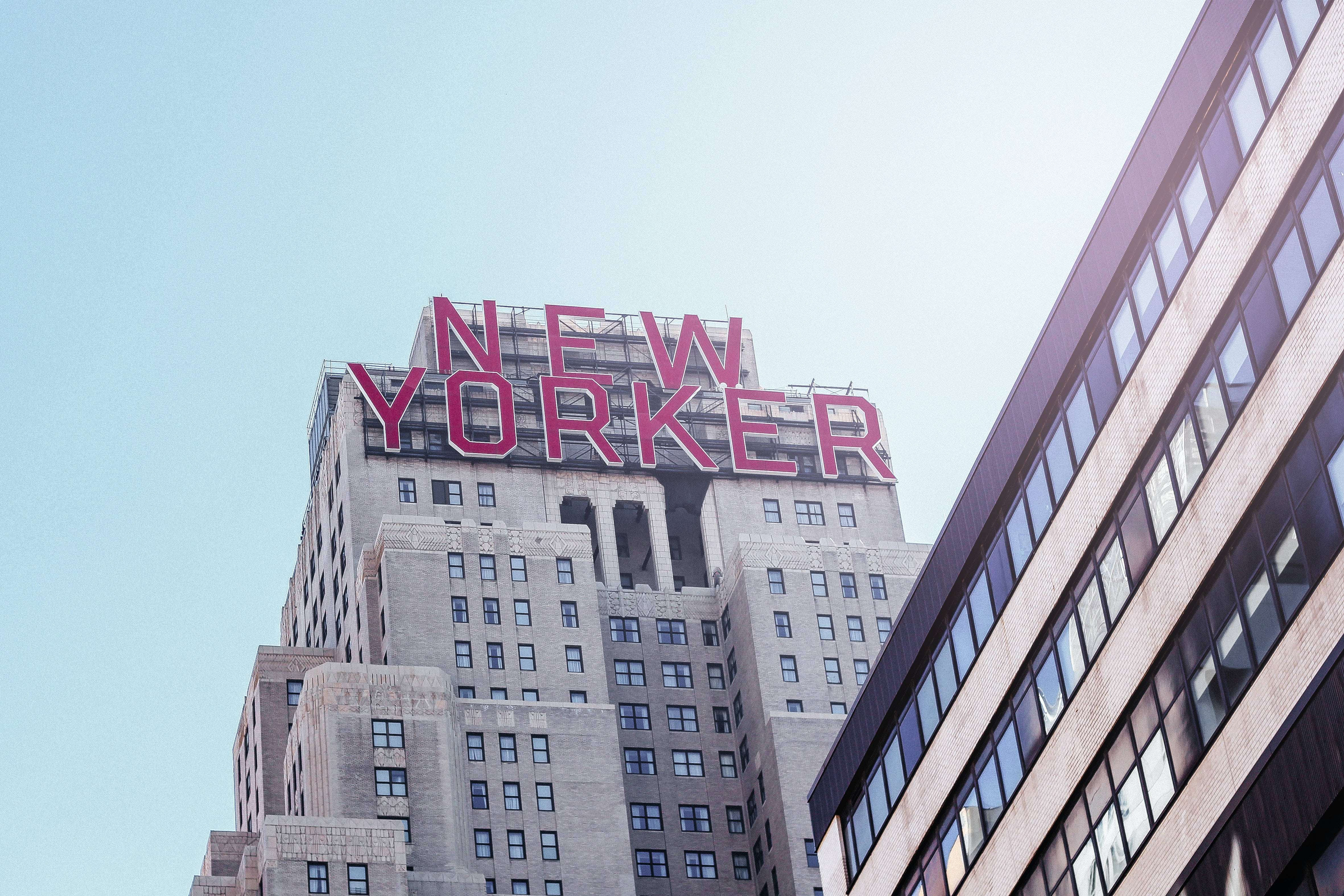 Hotel 桌布 壁紙 — 低角度拍攝一座摩天大樓，上面有一個大型粉紅色「NEW YORKER」標誌，背景是清澈的藍天。