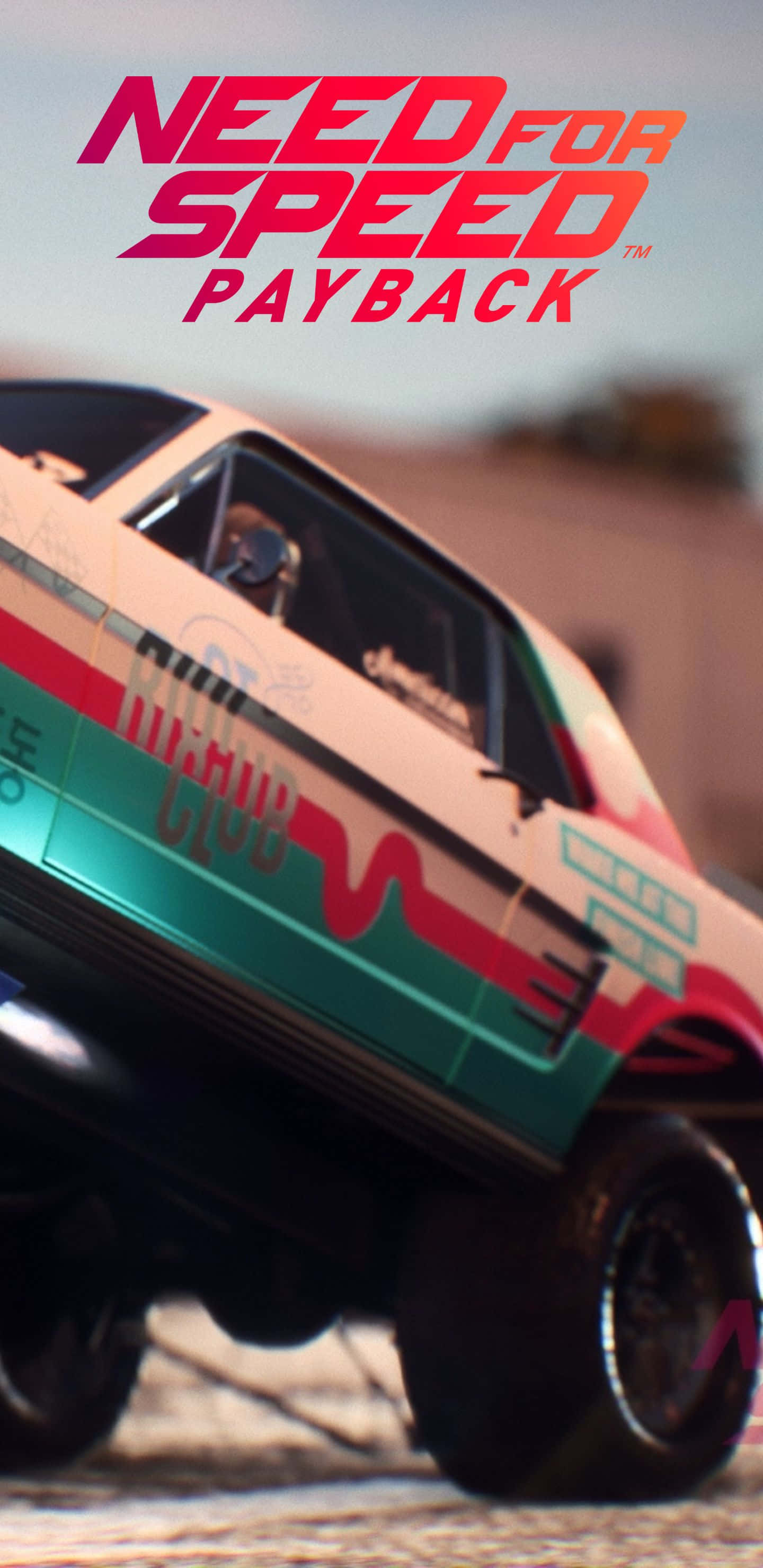 Pixel 3xl Need For Speed Payback 桌布 壁紙 — 低角度拍攝一架定制塗鴉覆蓋的肌肉車在沙漠地形上空飛馳，上方有「Need for Speed Payback」標題文字。