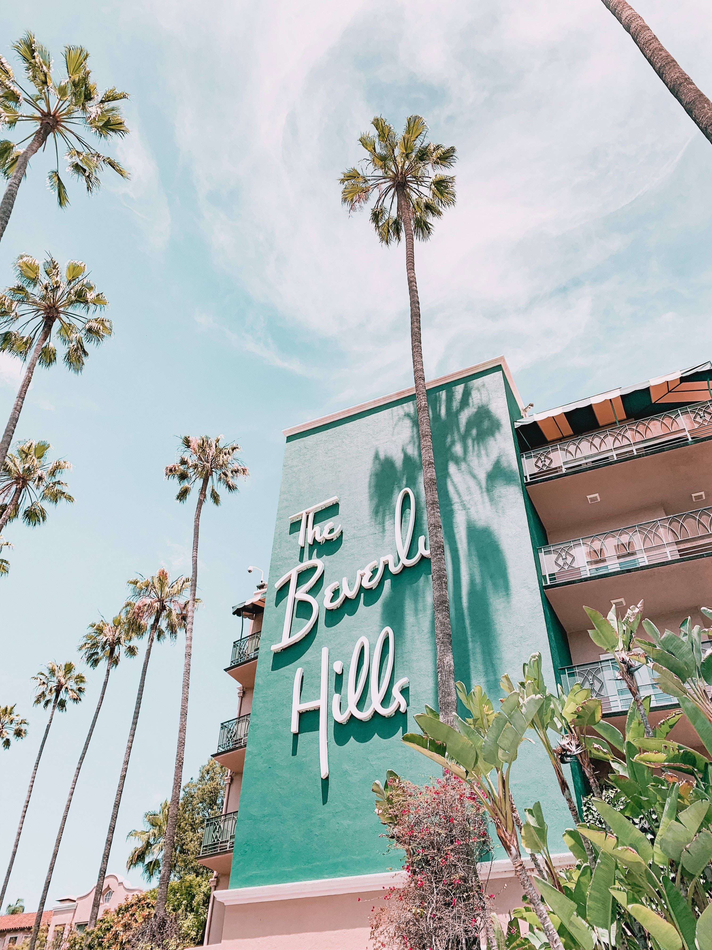 人像動態 桌布 壁紙 — 低角度拍攝一棟青綠色建築，帶有「The Beverly Hills」標誌，周圍環繞著高大的棕櫚樹，背景是明亮的藍天。