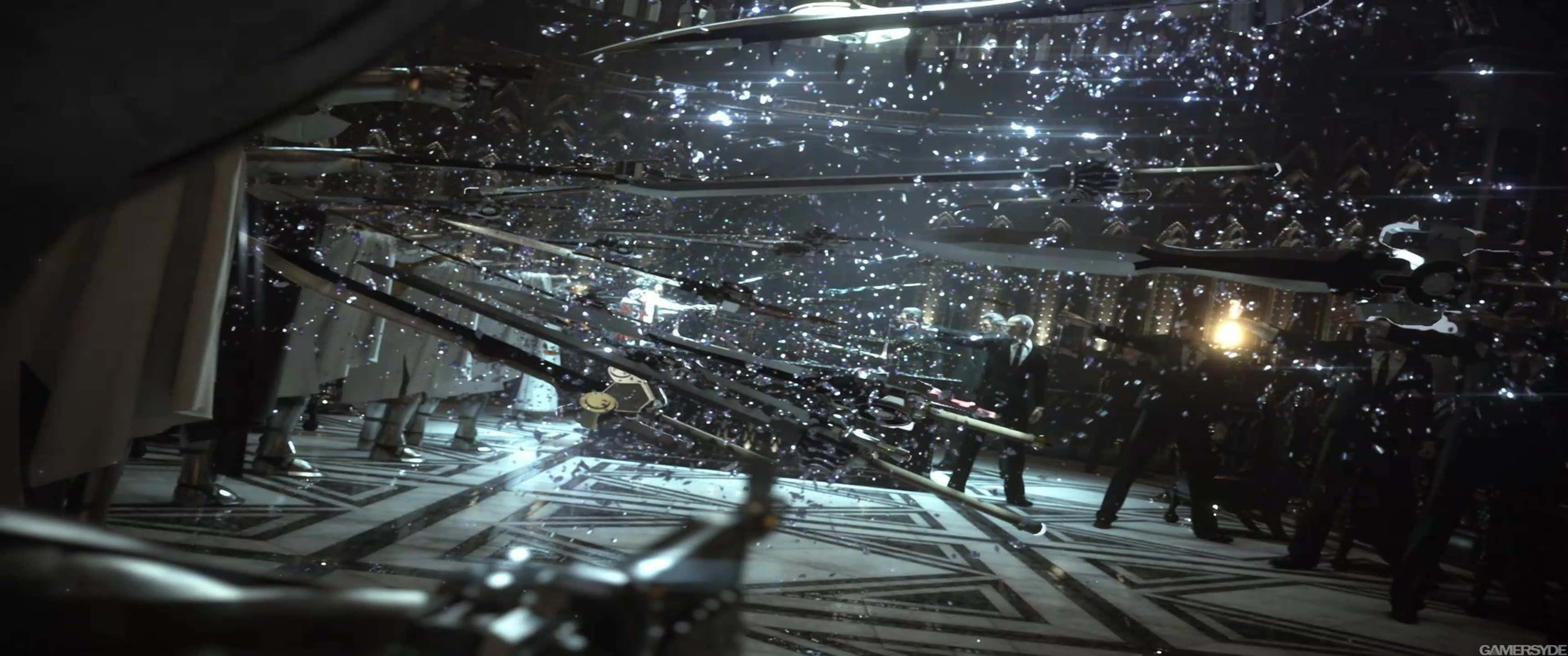 3440x1440p Final Fantasy Xv 桌布 壁紙 — 低角度拍攝捕捉到一個大廳上方破碎的玻璃天花板，人們站在閃爍的碎片中，光線戲劇性。