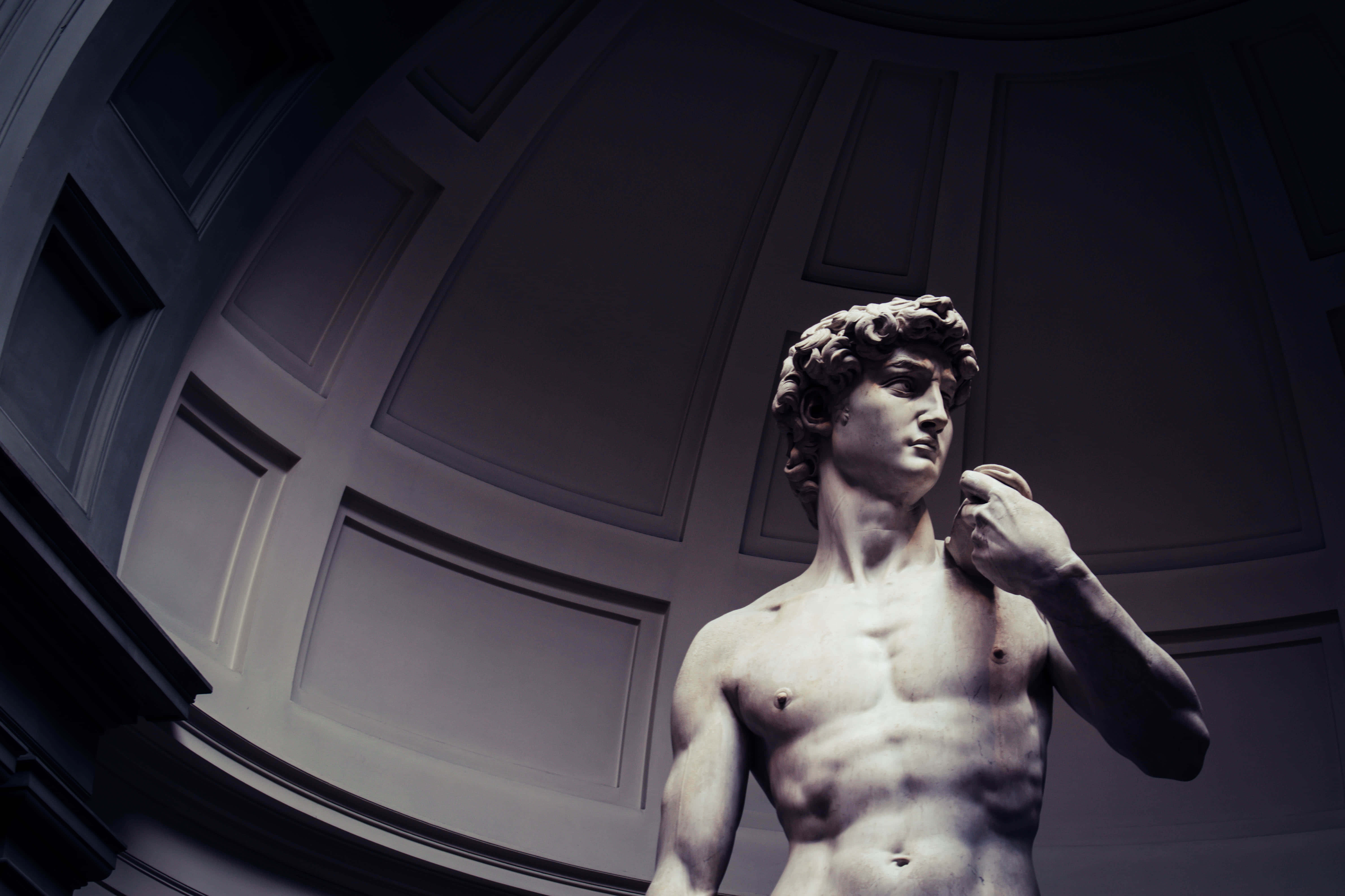 Michelangelo 桌布 壁紙 — 低角度拍攝捕捉到米開朗基羅的大衛雕像，位於燈光昏暗的畫廊中，帶有華麗的天花板鑲板。