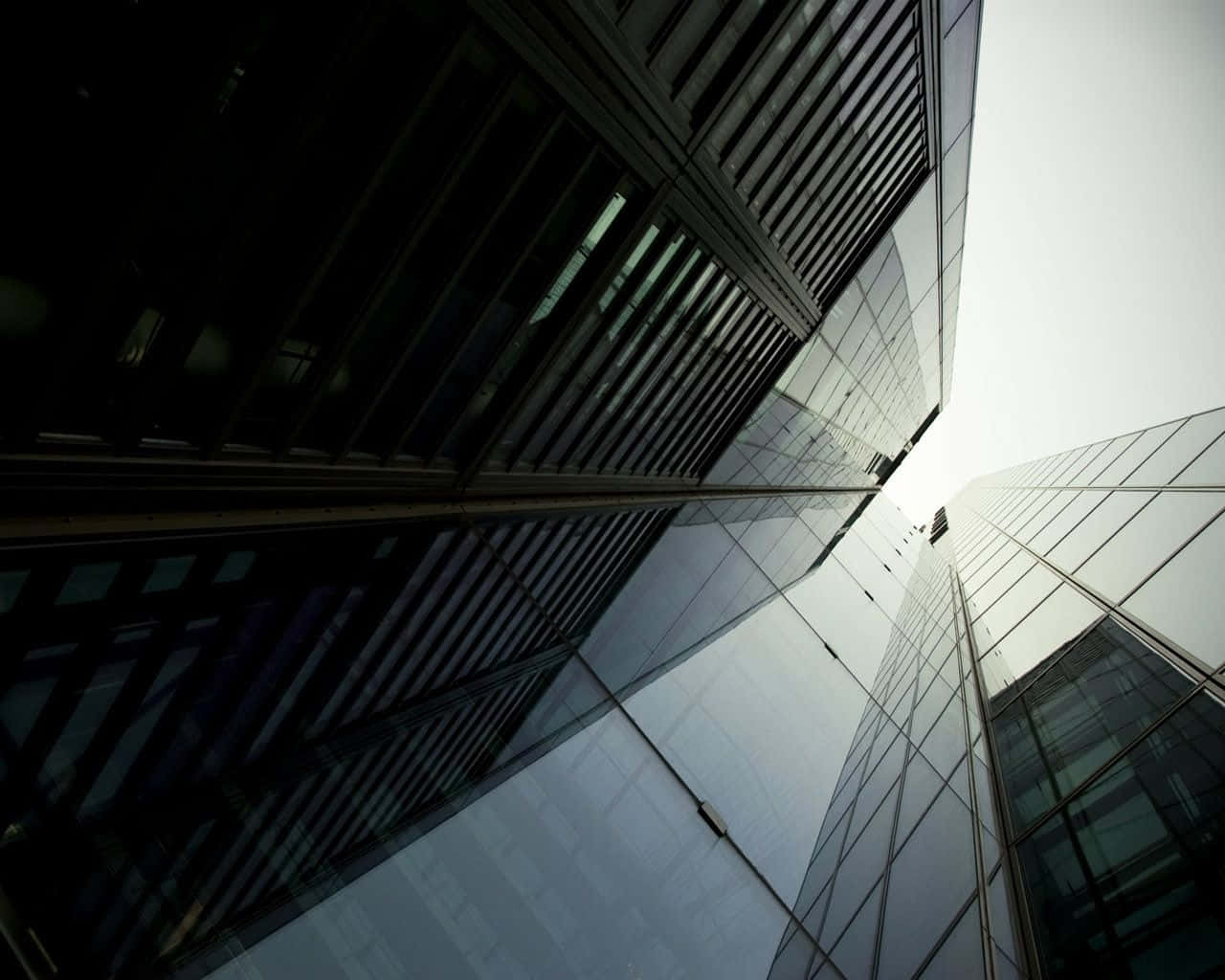 Skyscraper 桌布 壁紙 — 低角度拍攝現代都市峽谷中高聳的玻璃摩天大樓向蒼白天空匯聚。