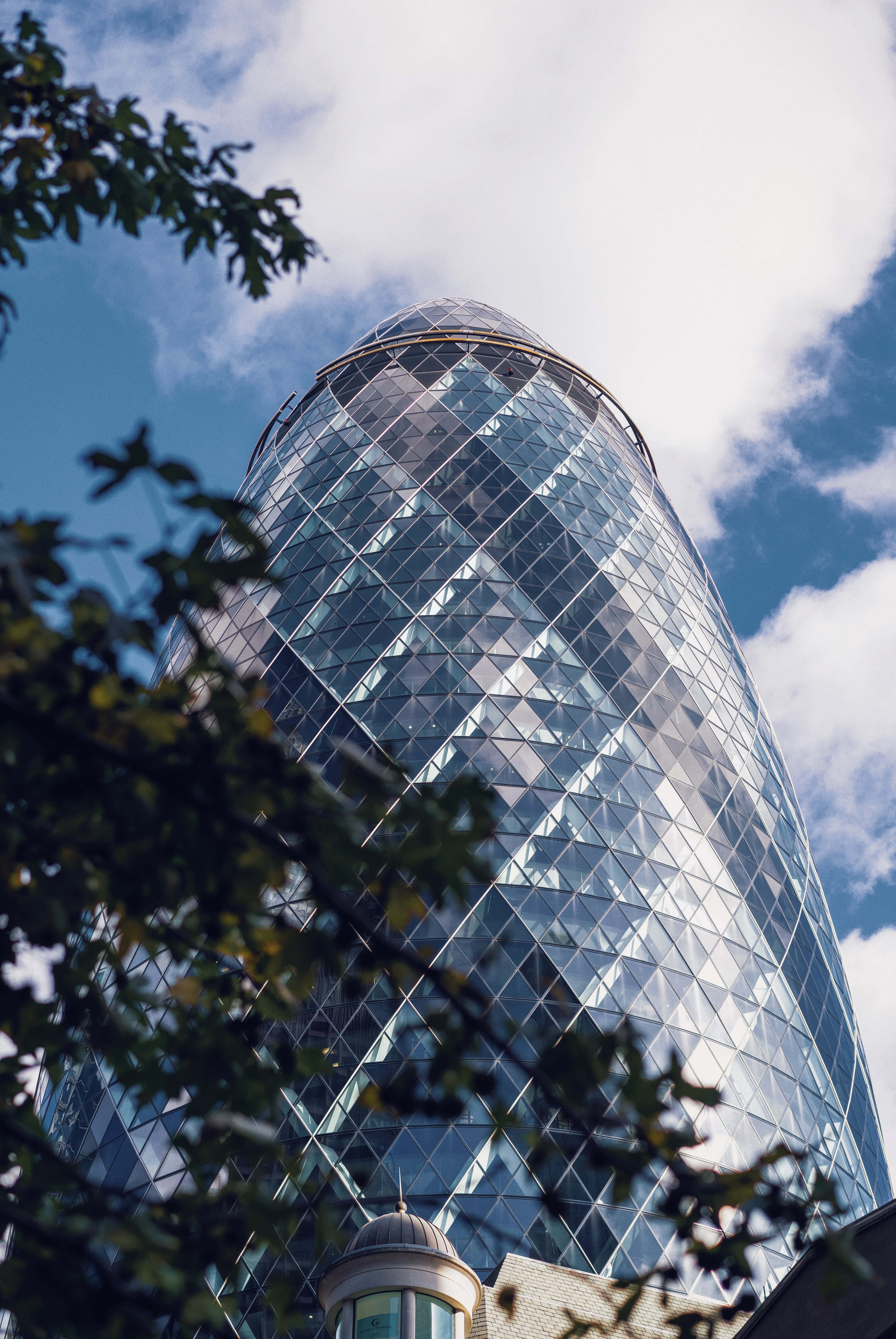 Skyscraper 桌布 壁紙 — 低角度拍攝的標誌性小黃瓜摩天大樓，透過玻璃外牆反射藍天白雲，並以綠色樹枝框住。