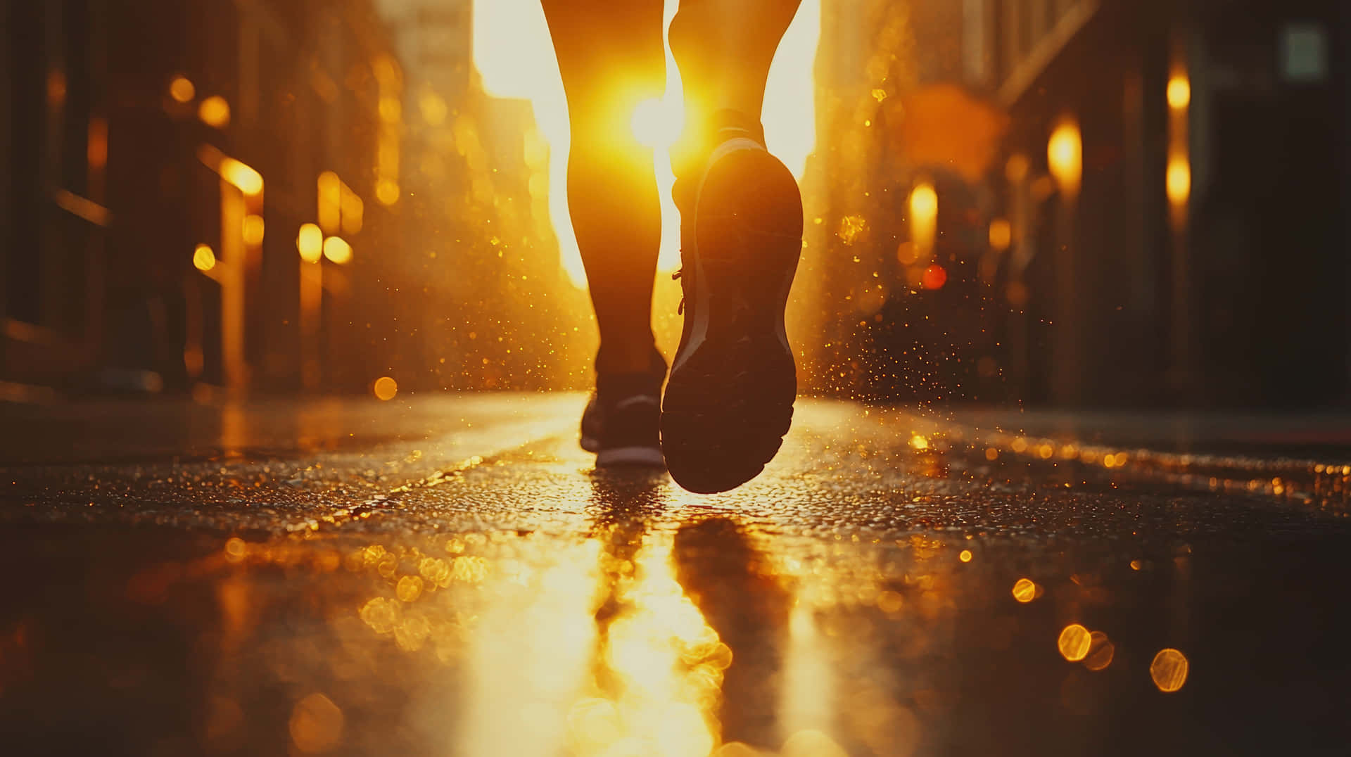 A silhouette of a runner moves through a glowing sunrise on wet city streets 壁紙 — 低角度拍攝跑者雙腿在濕滑路面上邁步，背後金色夕陽光芒閃耀。