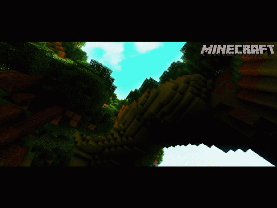 樹木 桌布 壁紙 — 低角度觀看Minecraft風景，有方塊狀樹木和地形，上方是明亮的青色天空。