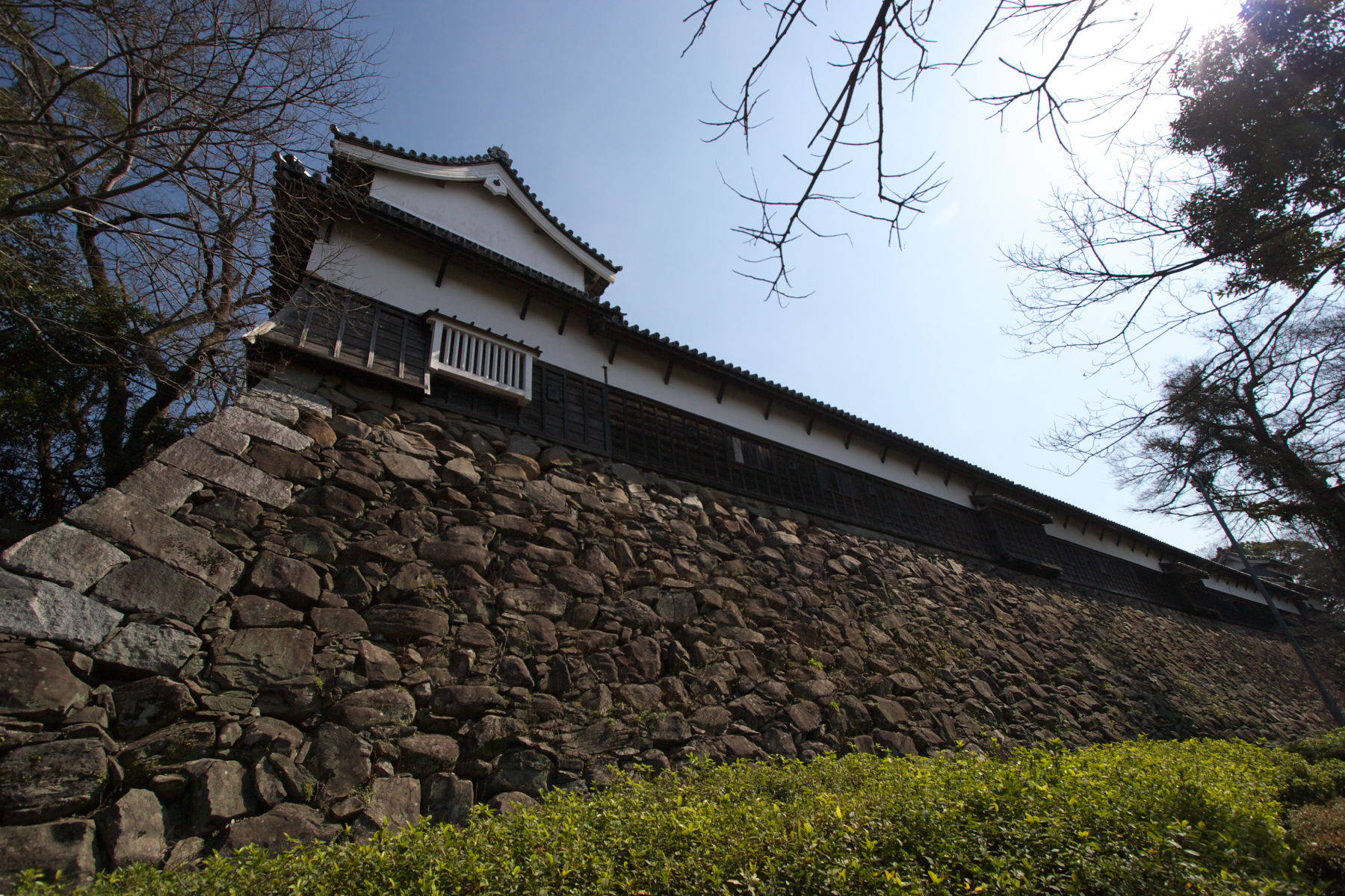 Fukuoka 桌布 壁紙 — 低角度觀看傳統日本城堡塔樓，座落在堅固的石牆上，周圍有光禿的樹木和綠色灌木，背景是清澈的藍天。