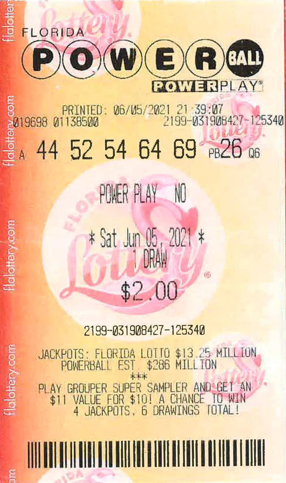 Powerball 桌布 壁紙 — 佛羅里達州強力球彩券特寫，背景為粉紅和橙色漸層，並印有號碼。