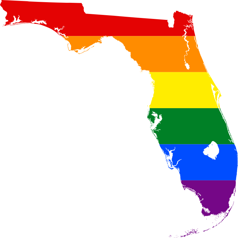 男同志 桌布 壁紙 — 佛羅里達州的輪廓，充滿了代表 LGBTQ+ 驕傲的橫向彩虹條紋。