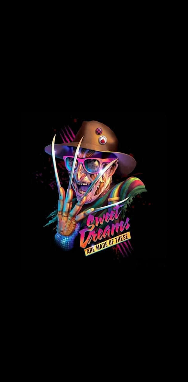 Freddy Krueger 桌布 壁紙 — 佛萊迪·克魯格以鮮豔的霓虹色彩，戴著爪子和太陽眼鏡，在黑色背景上寫著「Sweet Dreams」字樣。