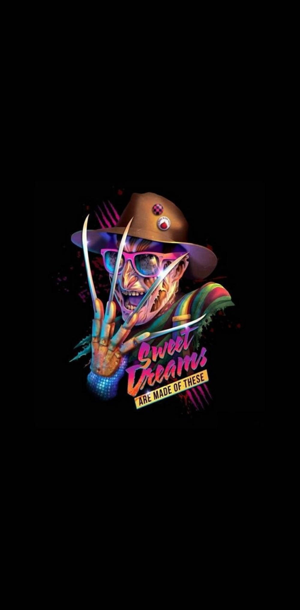 Freddy 桌布 壁紙 — 佛萊迪·克魯格以鮮豔的霓虹色彩，戴著爪子和太陽眼鏡，在黑色背景上帶有「Sweet Dreams」文字。