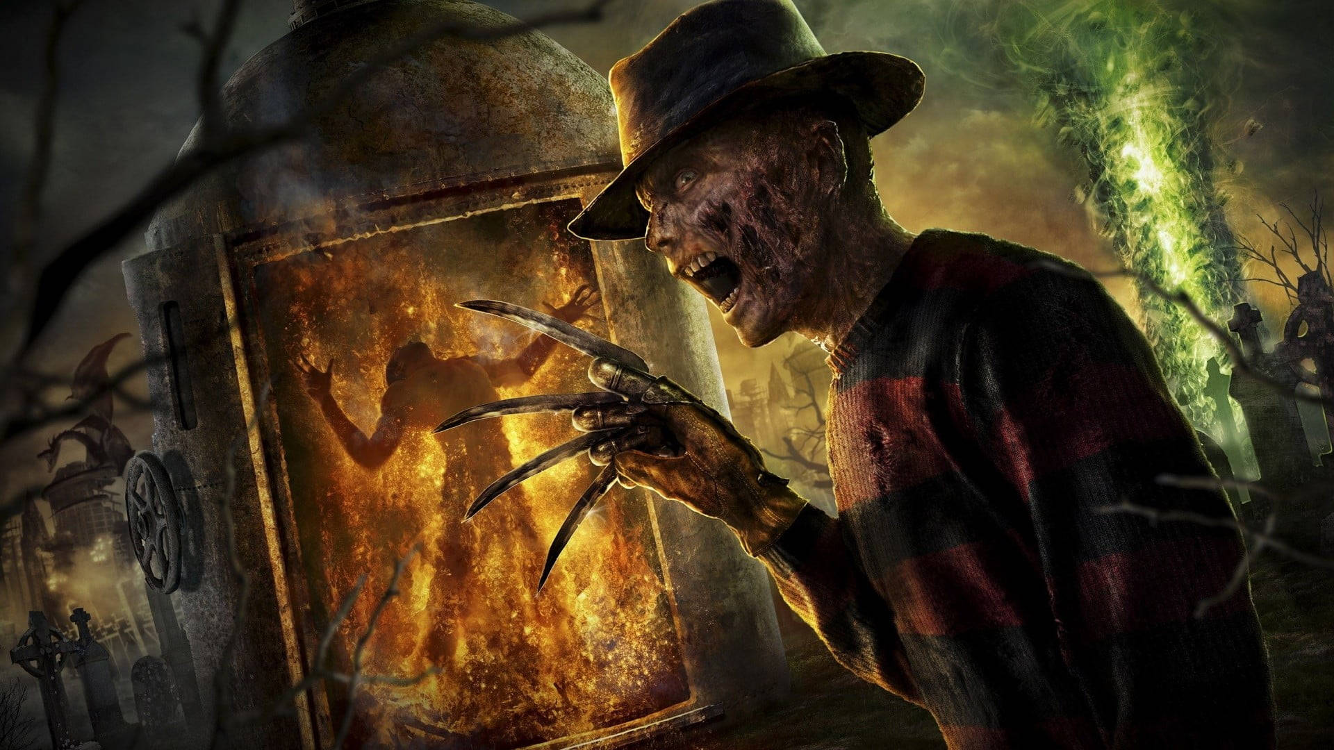 Freddy 桌布 壁紙 — 佛萊迪·克魯格伸出利爪，在陰森綠光下衝向鬼魅墓園中的熾熱熔爐。