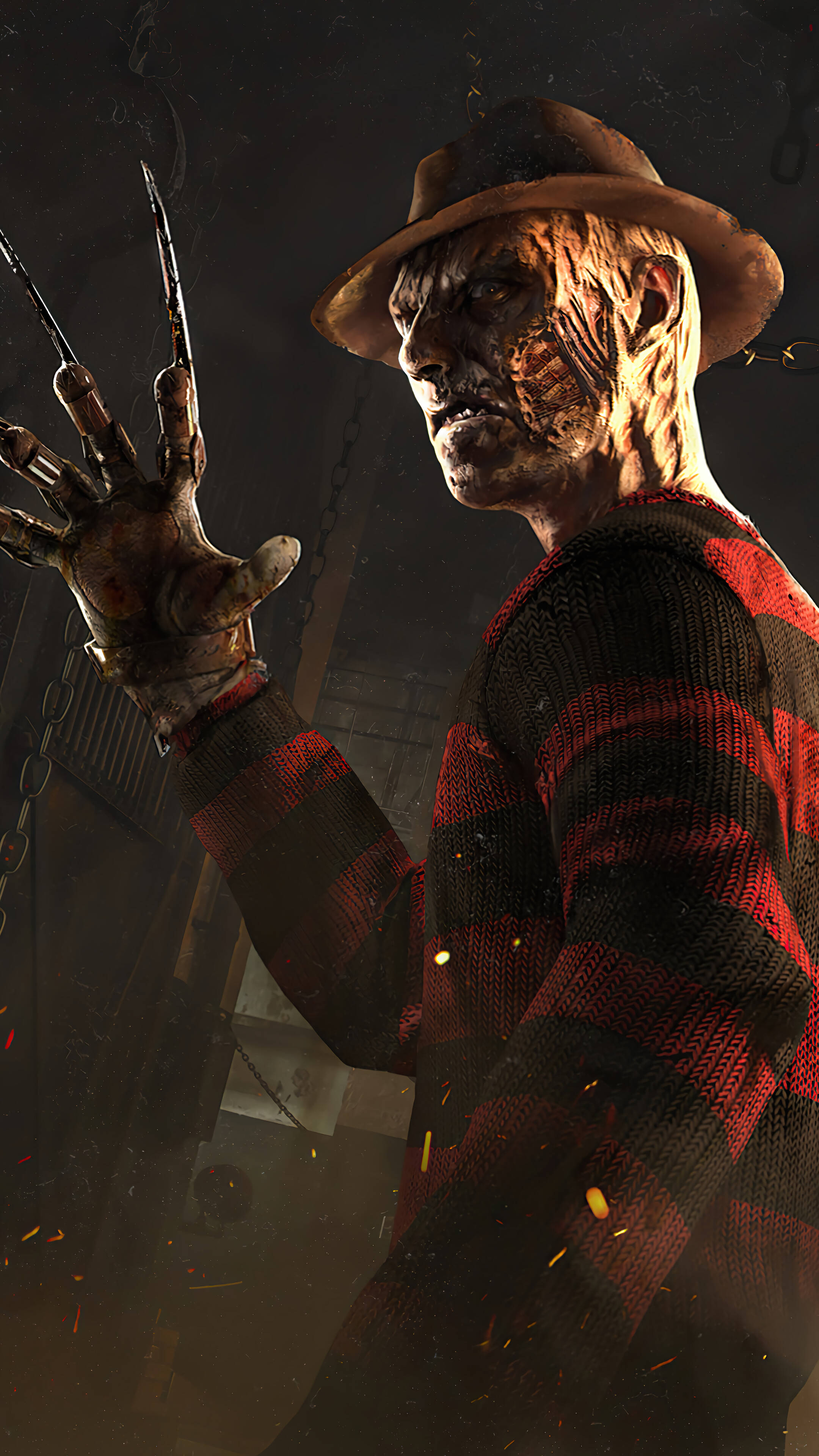 Freddy 桌布 壁紙 — 佛萊迪·克魯格在光線昏暗的工業環境中威脅性地出現，火花在他帶爪的手周圍飛舞。