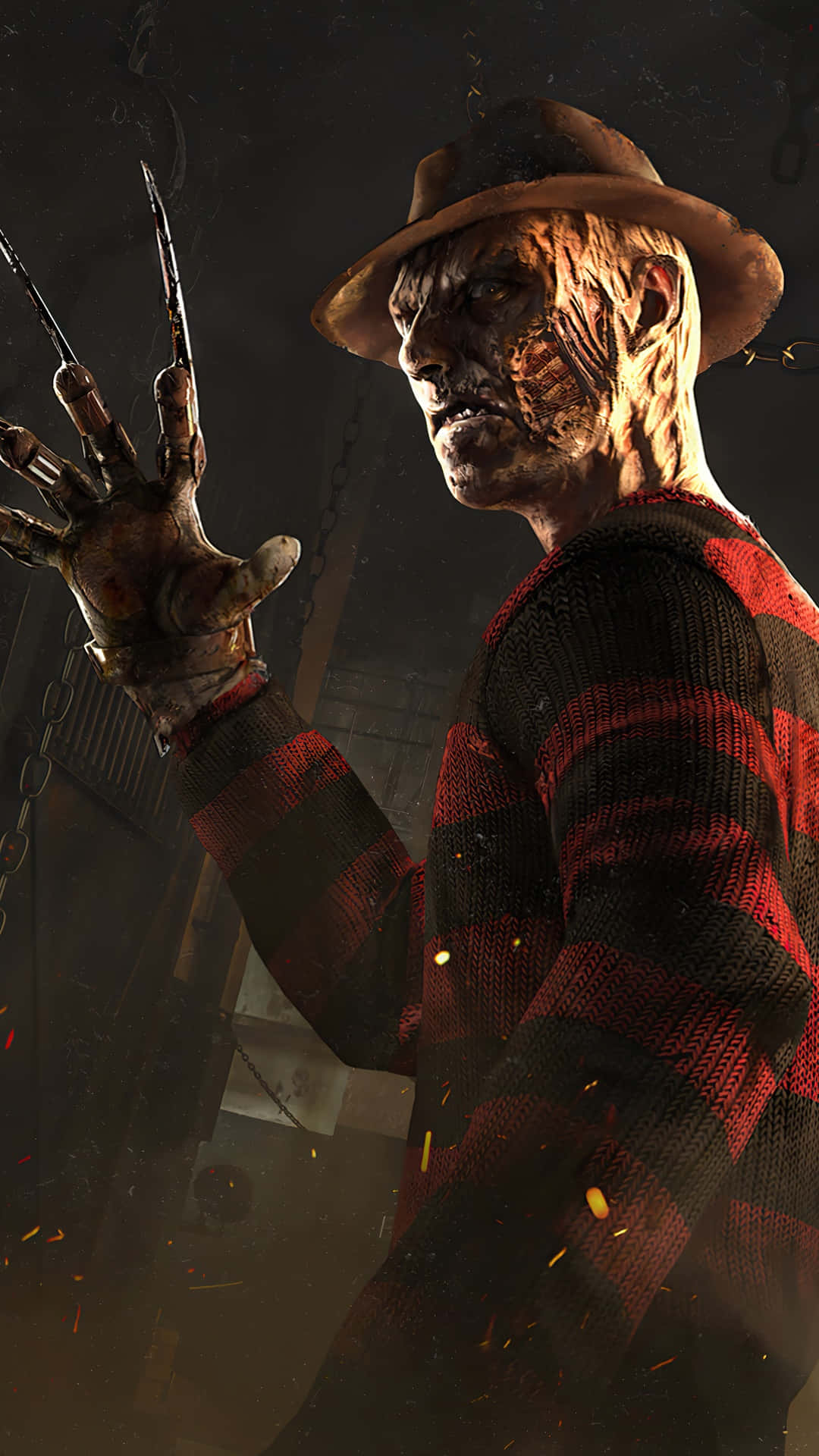 Freddy Krueger 桌布 壁紙 — 佛萊迪·克魯格在昏暗的工業環境中威脅性地逼近，火花在他帶爪的手周圍飛舞。