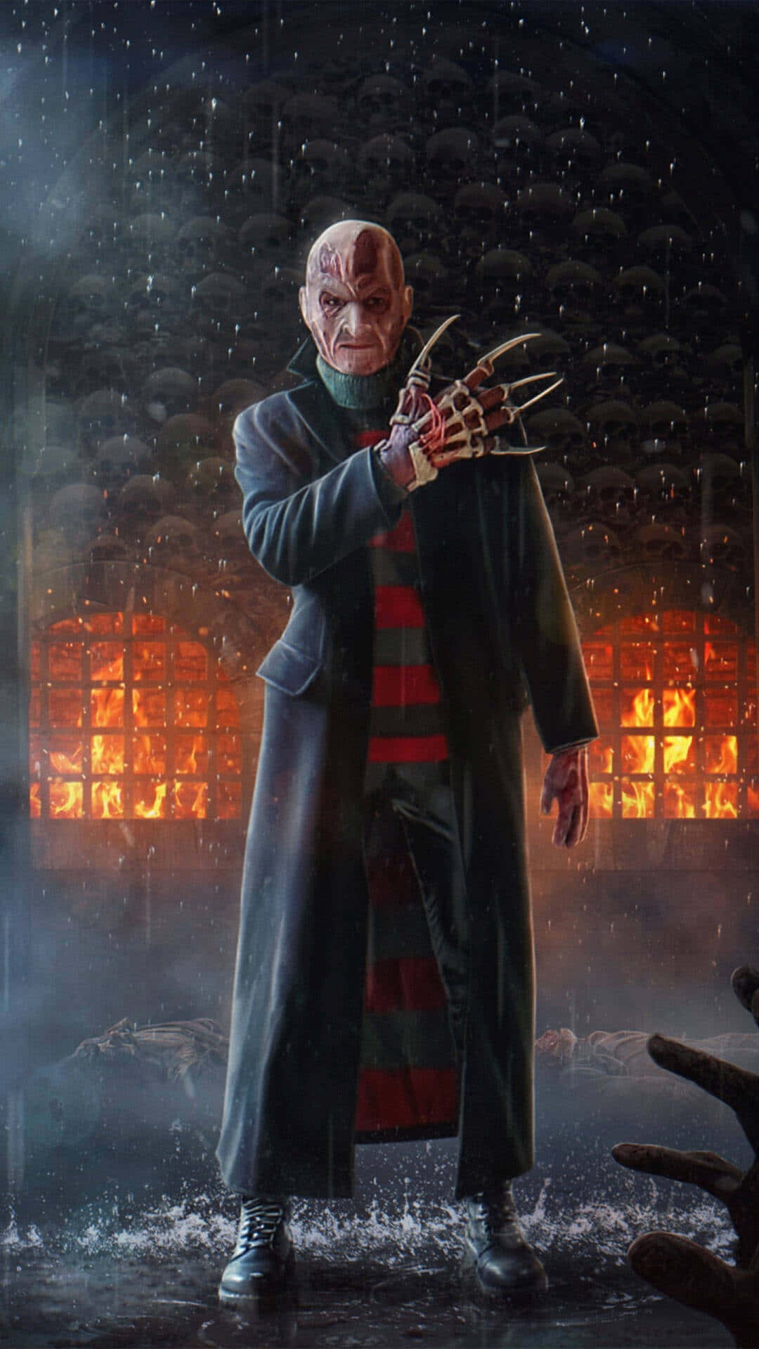 Freddy Krueger 桌布 壁紙 — 佛萊迪·克魯格在雨中威嚇地站立，身後有熾熱的火焰，地面伸出一隻骷髏手。
