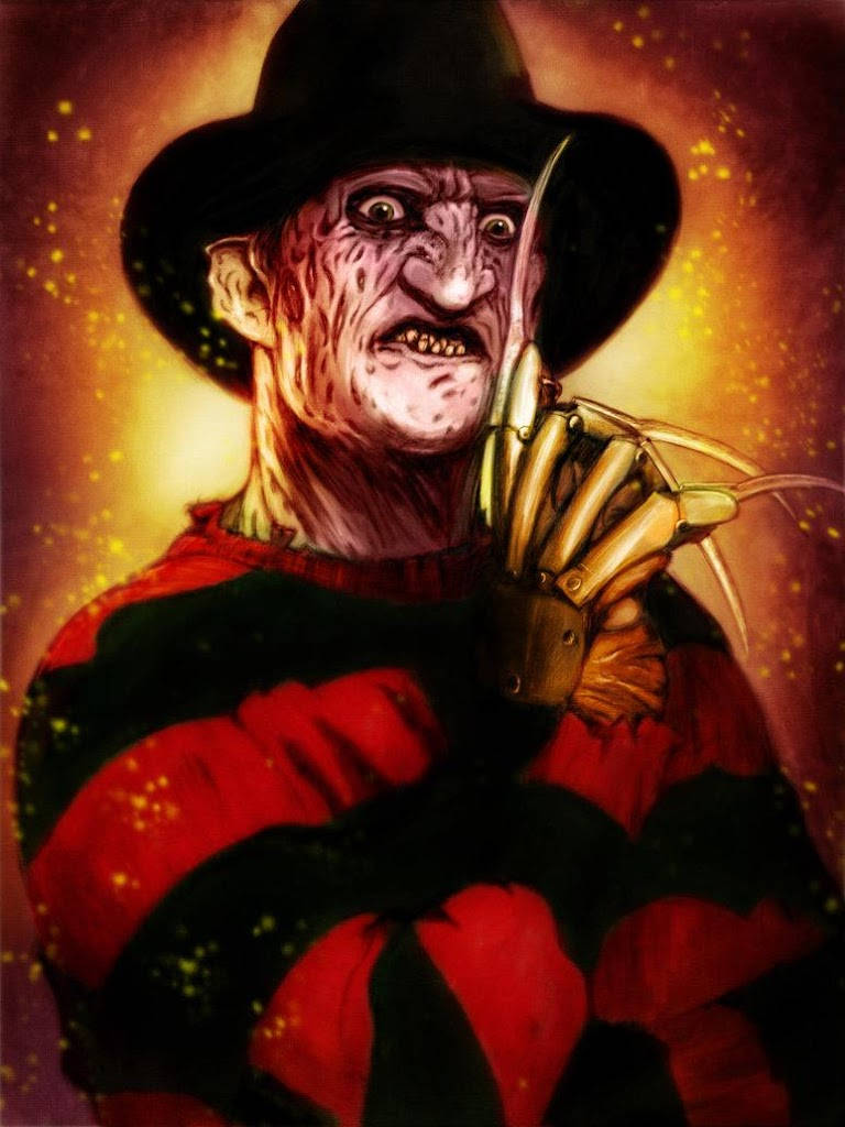 horror villains 桌布 壁紙 — 佛萊迪·克魯格戴著標誌性的帽子和利刃手套，在熾熱的金色背景下威脅地凝視著。