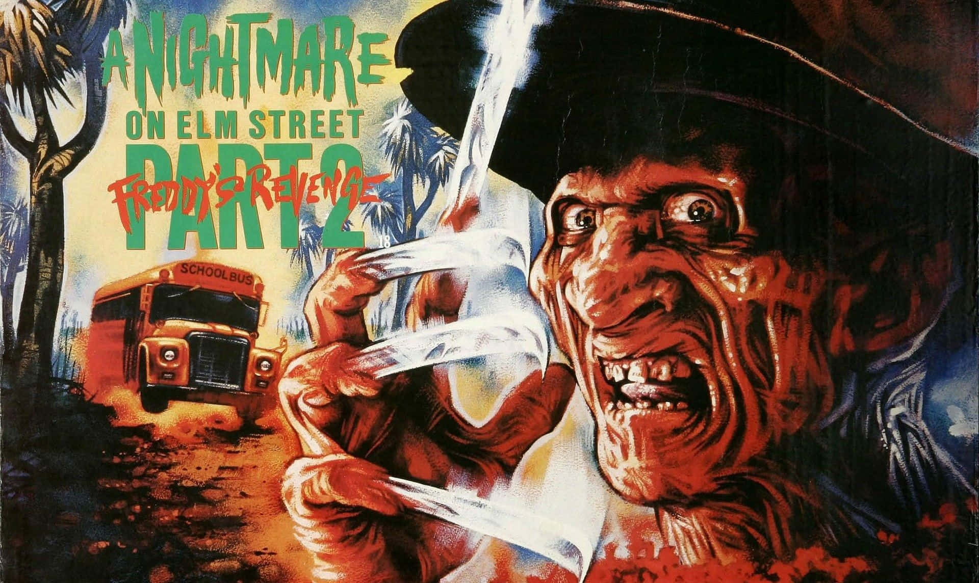 Monster Movies 桌布 壁紙 — 佛萊迪·克魯格手持剃刀從惡夢中撲出，一輛校車在鬼魅森林中疾馳。