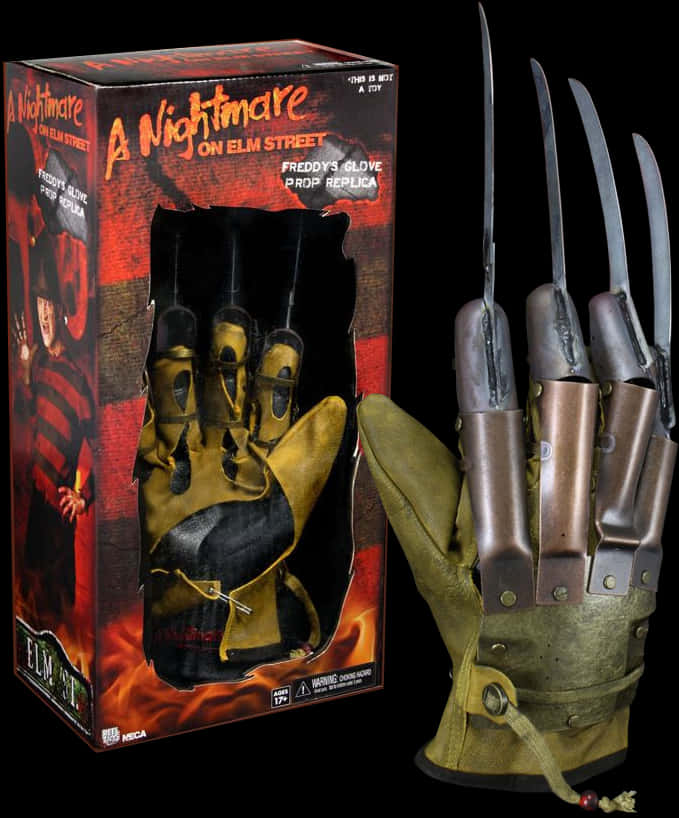 Freddy Krueger 桌布 壁紙 — 佛萊迪·克魯格的標誌性刀片手套複製品在其品牌包裝旁邊展示，背景為黑色。