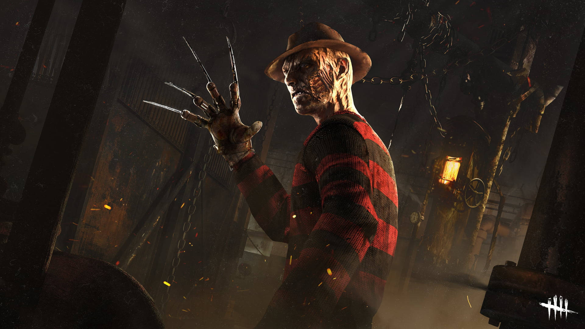 Freddy 桌布 壁紙 — 佛萊迪·克魯格穿著他標誌性的紅黑條紋毛衣和帽子，在火花四濺的黑暗工業環境中威風凜凜地站立。