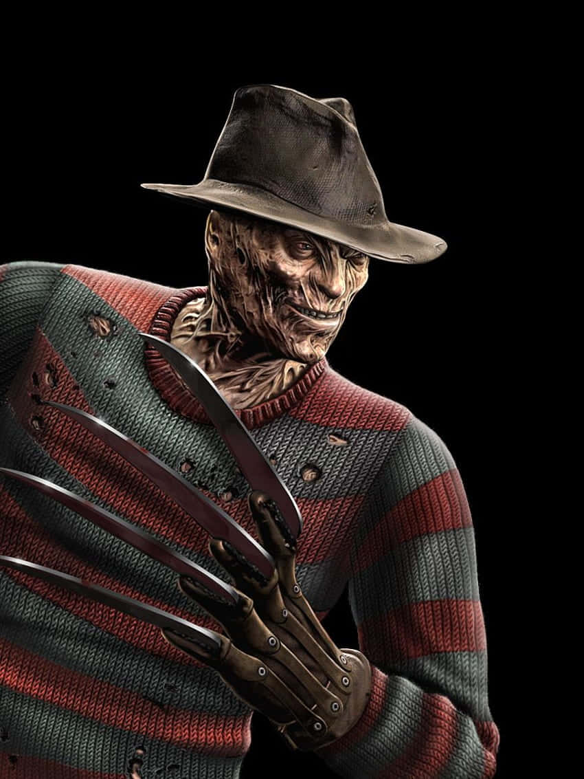 Freddy Krueger 桌布 壁紙 — 佛萊迪·克魯格穿著標誌性的條紋毛衣和利刃手套，在黑色背景下威脅地凝視。