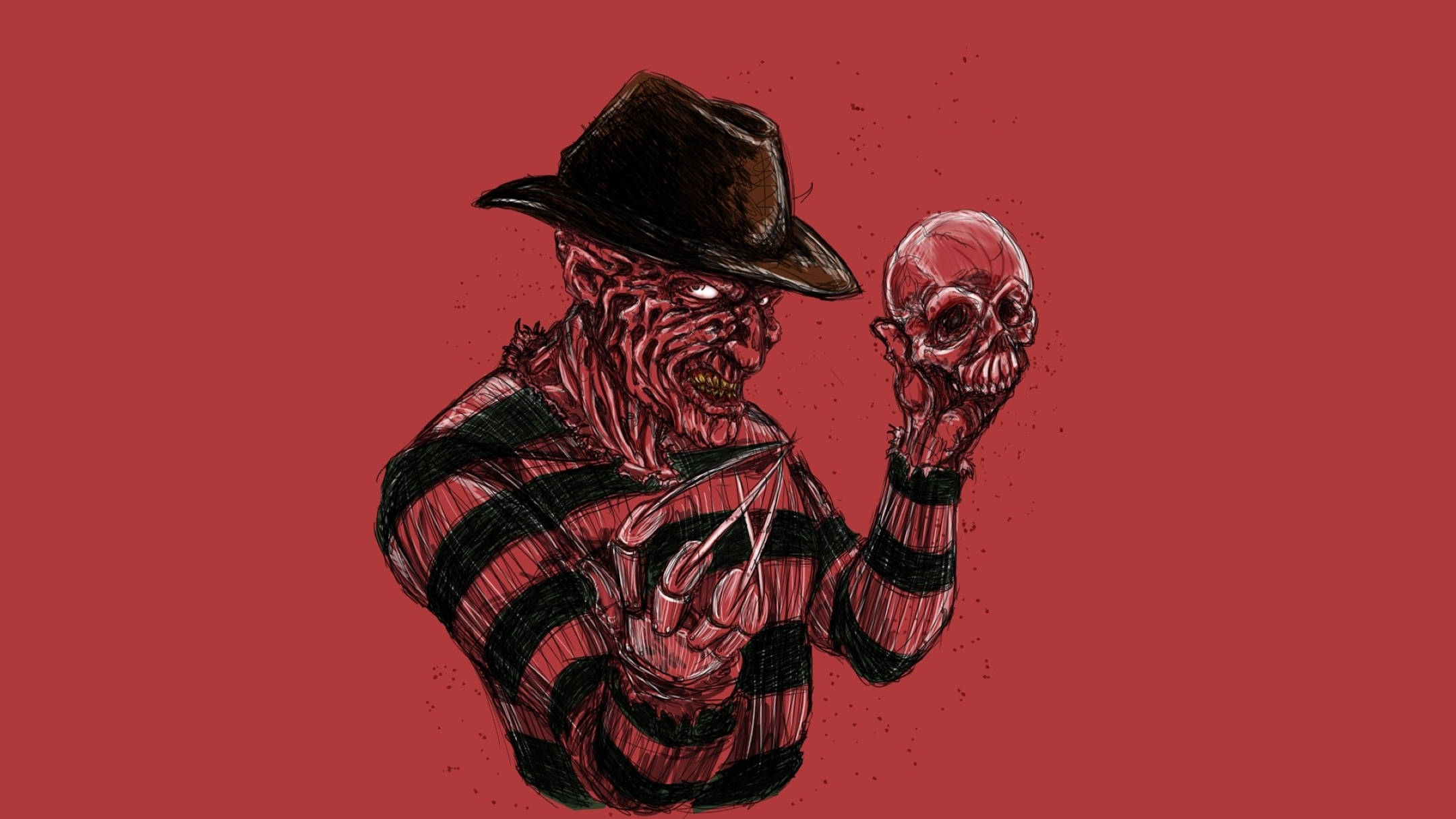 Freddy 桌布 壁紙 — 佛萊迪·克魯格穿著標誌性的條紋毛衣和帽子，在血紅色的背景上拿著一個頭骨。