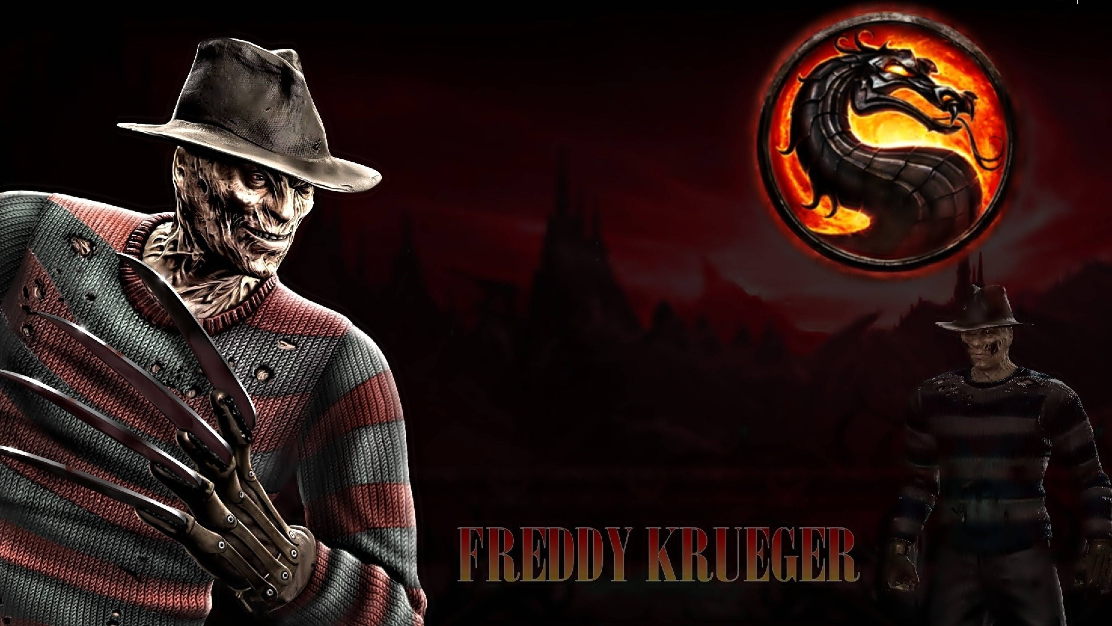Freddy 桌布 壁紙 — 佛萊迪·克魯格穿著標誌性的條紋毛衣和利刃手套，在暗紅色的天空下威風凜凜地站立，上方閃耀著Mortal Kombat龍形標誌。