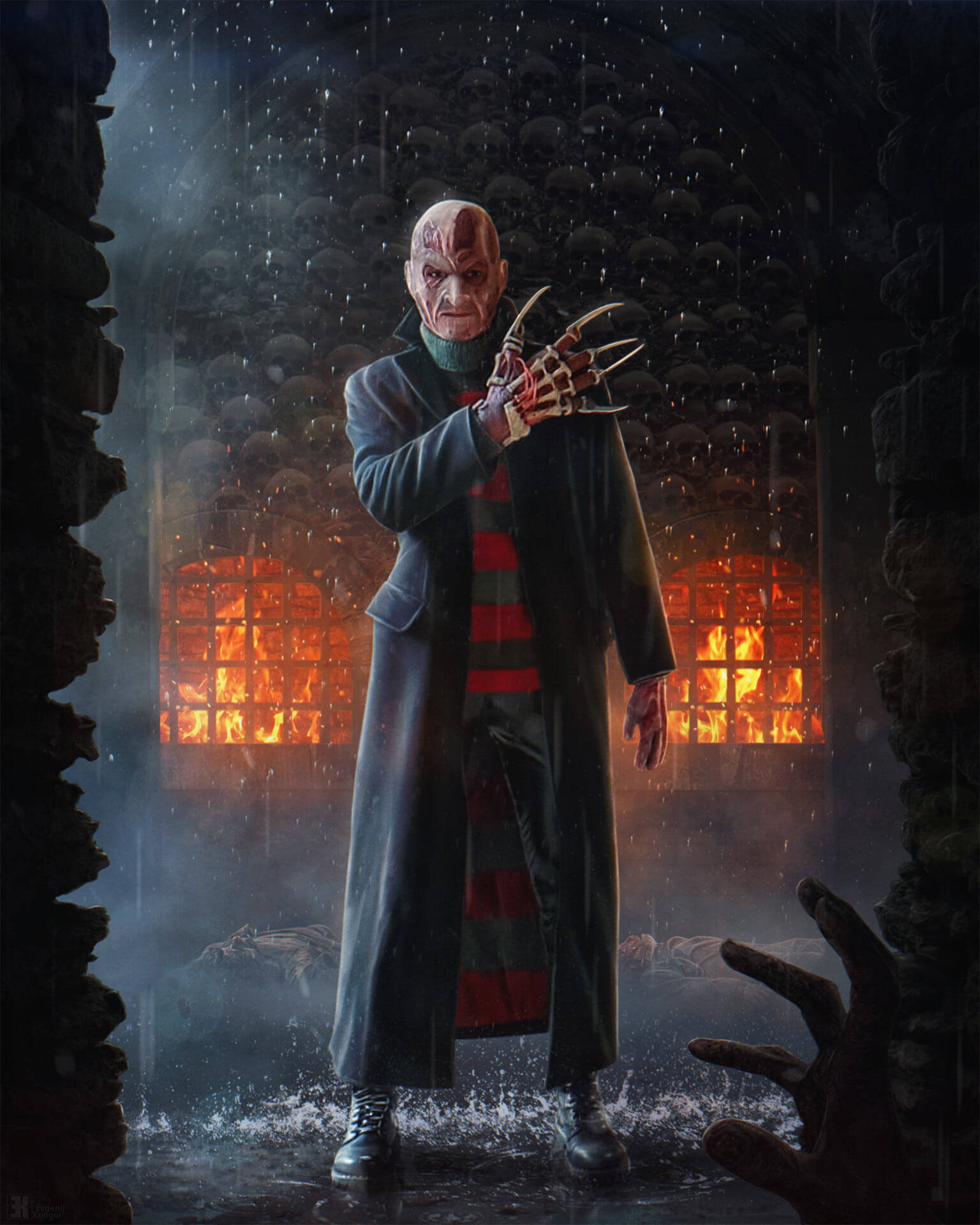 horror villains 桌布 壁紙 — 佛萊迪·克魯格站在濕透的石拱門中，身後有火焰窗戶，氣勢洶洶。
