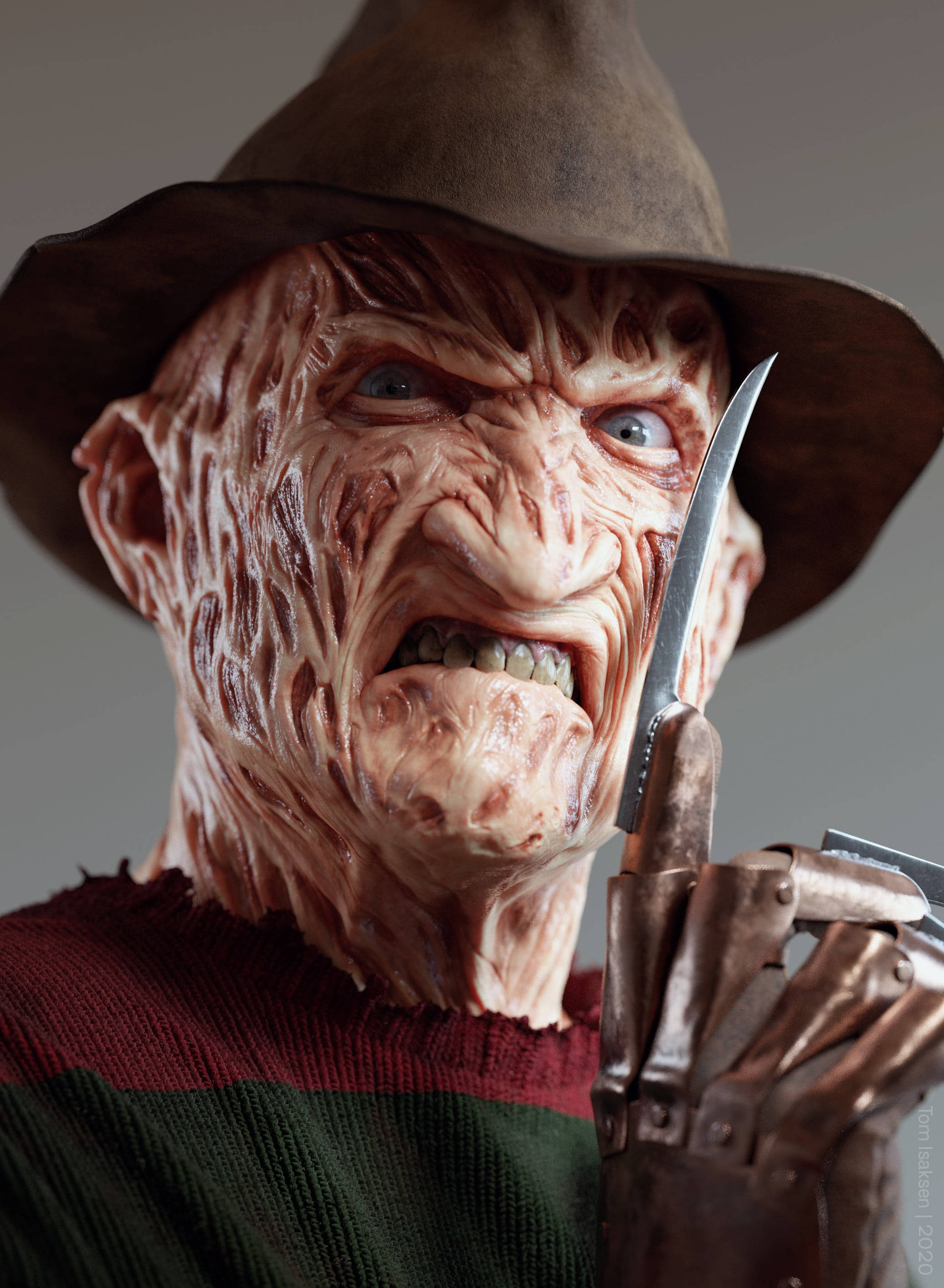 Freddy 桌布 壁紙 — 佛萊迪·克魯格近距離特寫，臉上帶有傷疤，刀片手威脅性地舉起，背景為純灰色。
