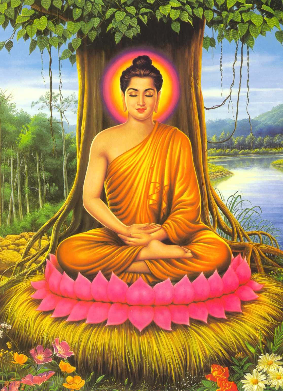 Gautama Buddha 桌布 壁紙 — 佛陀在聖樹下靜坐冥想，散發著光環，坐在寧靜河邊的粉紅色蓮花上。