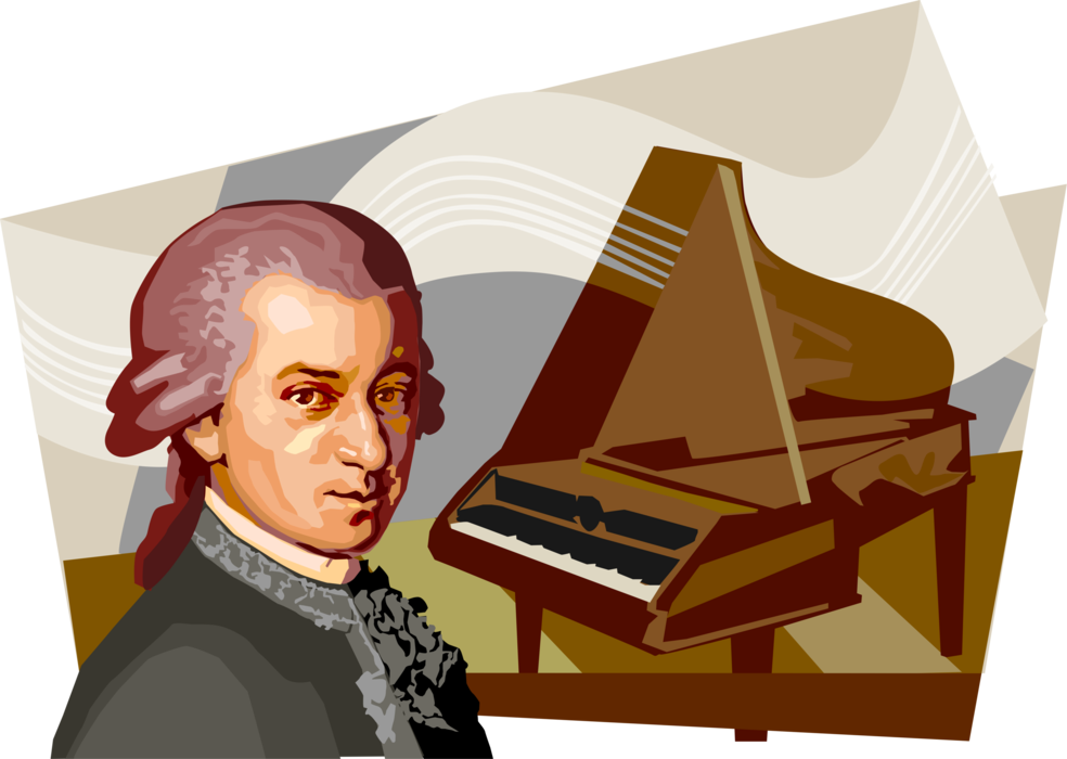mozart 桌布 壁紙 — 作曲家沃爾夫岡·阿馬多伊斯·莫札特站在三角鋼琴旁邊的插圖，背景有旋轉的音樂符號。